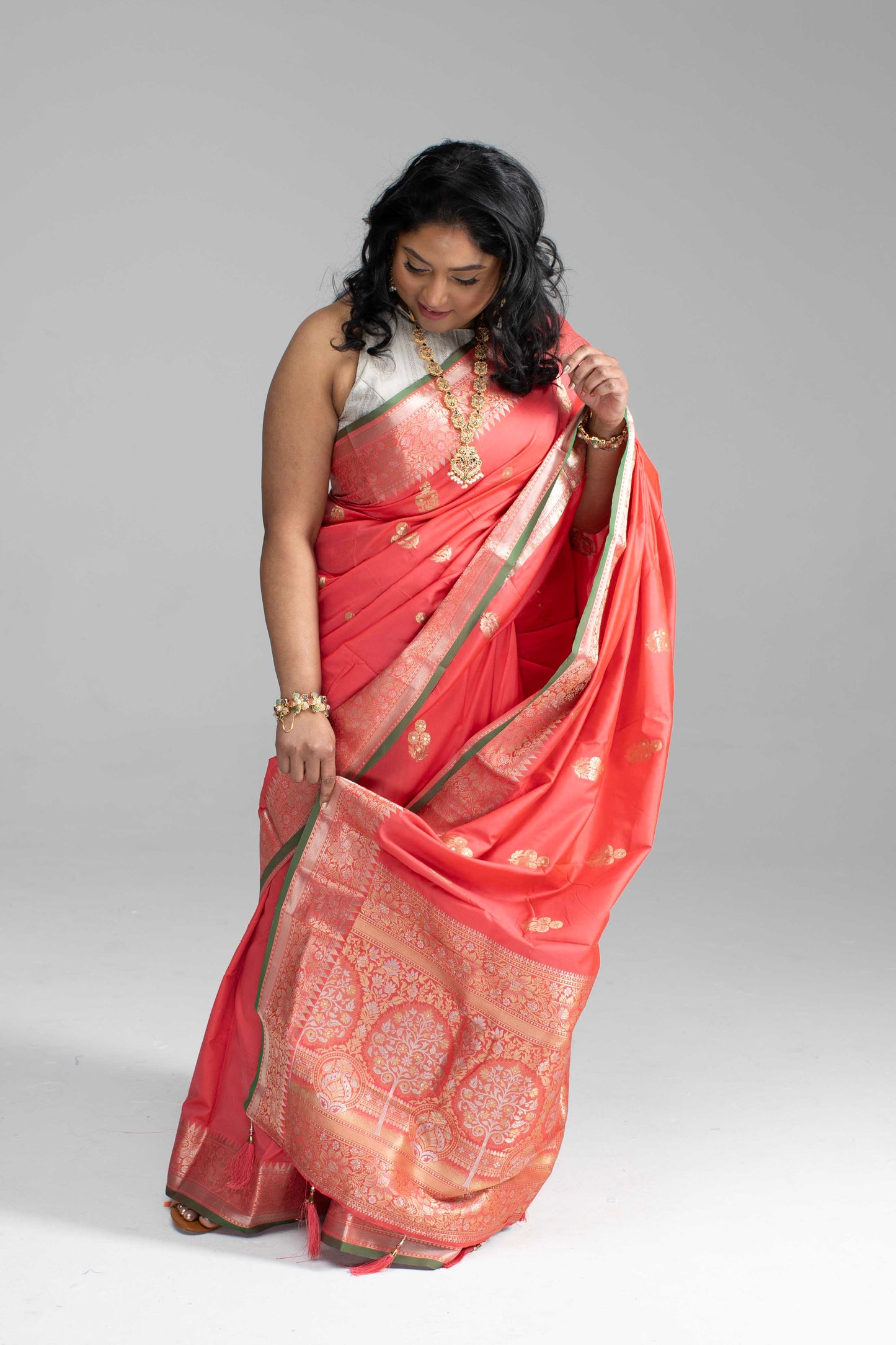 Peach Saree with Silver Border & Green Trim