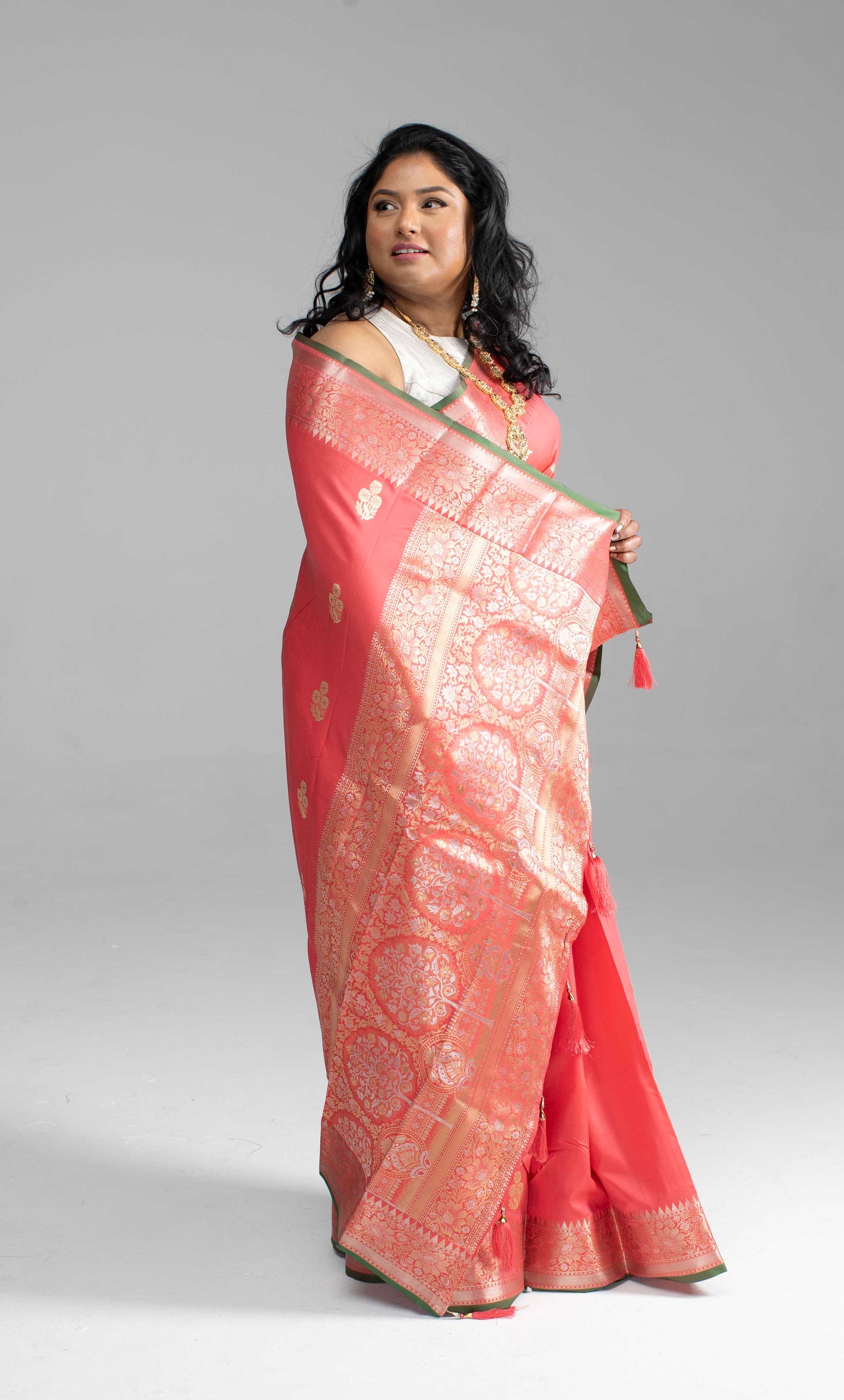 Peach Saree with Silver Border & Green Trim