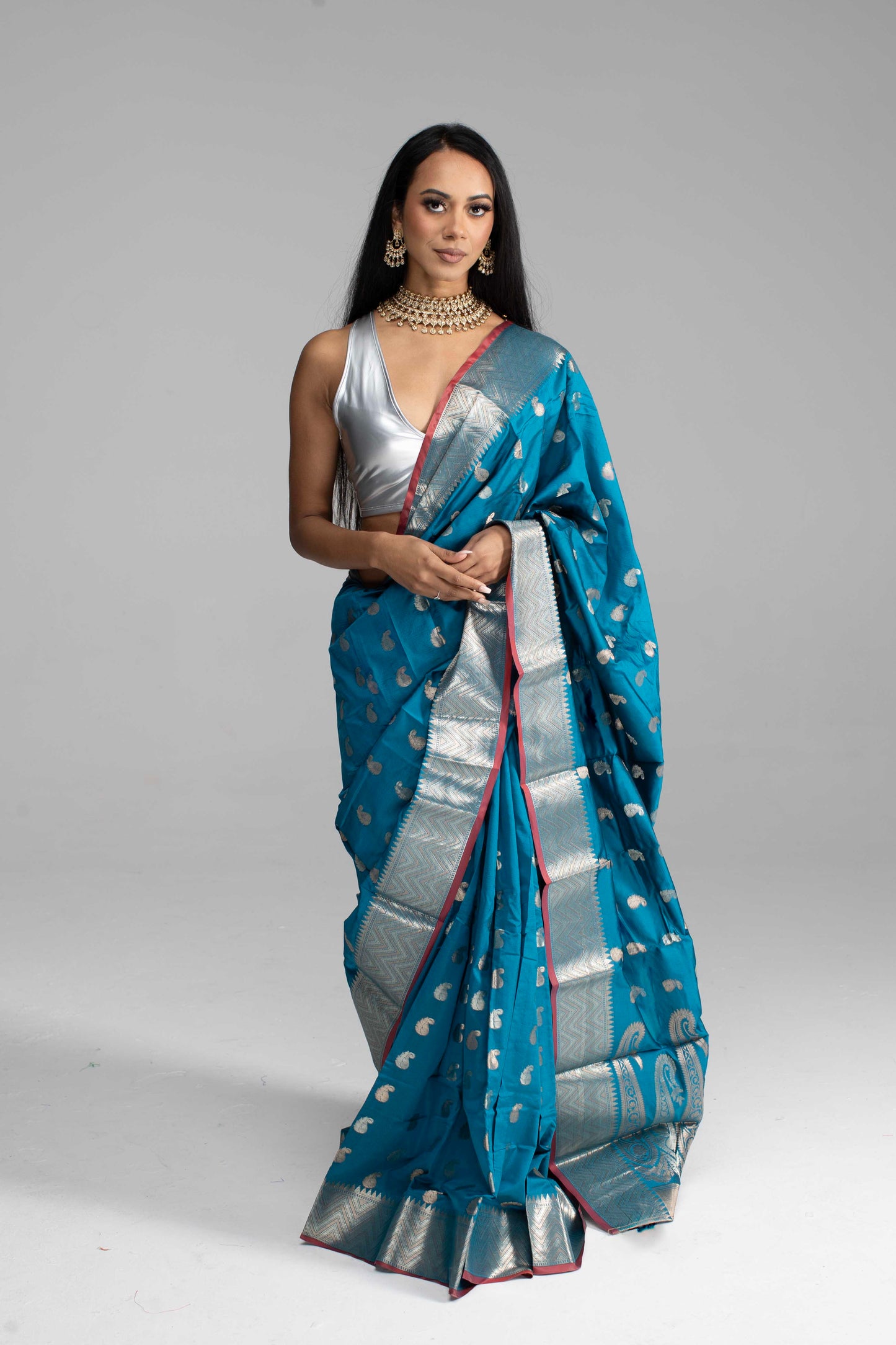 Teal Blue Saree with Silver Zari with Maroon Trim