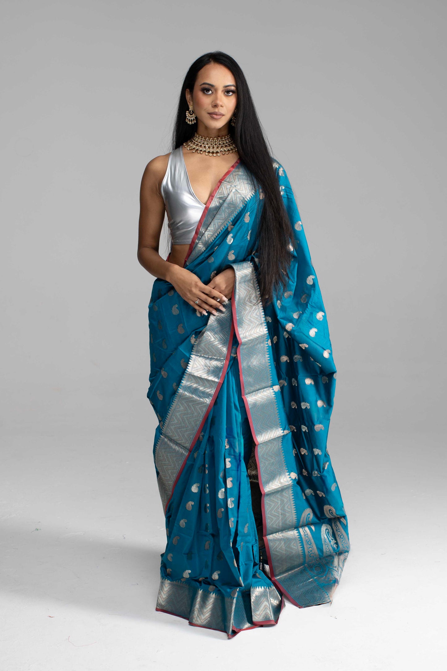 Teal Blue Saree with Silver Zari with Maroon Trim