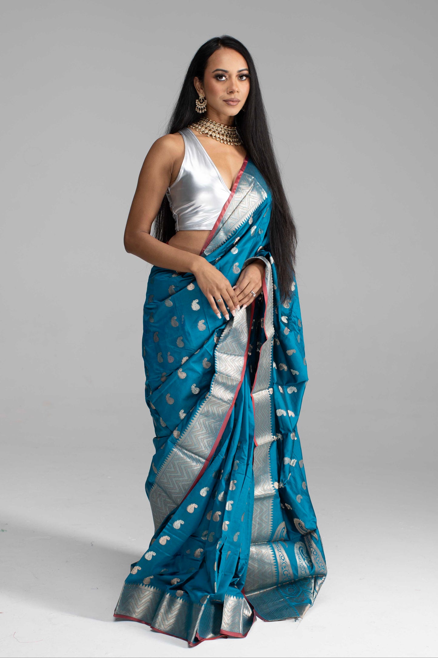 Teal Blue Saree with Silver Zari with Maroon Trim