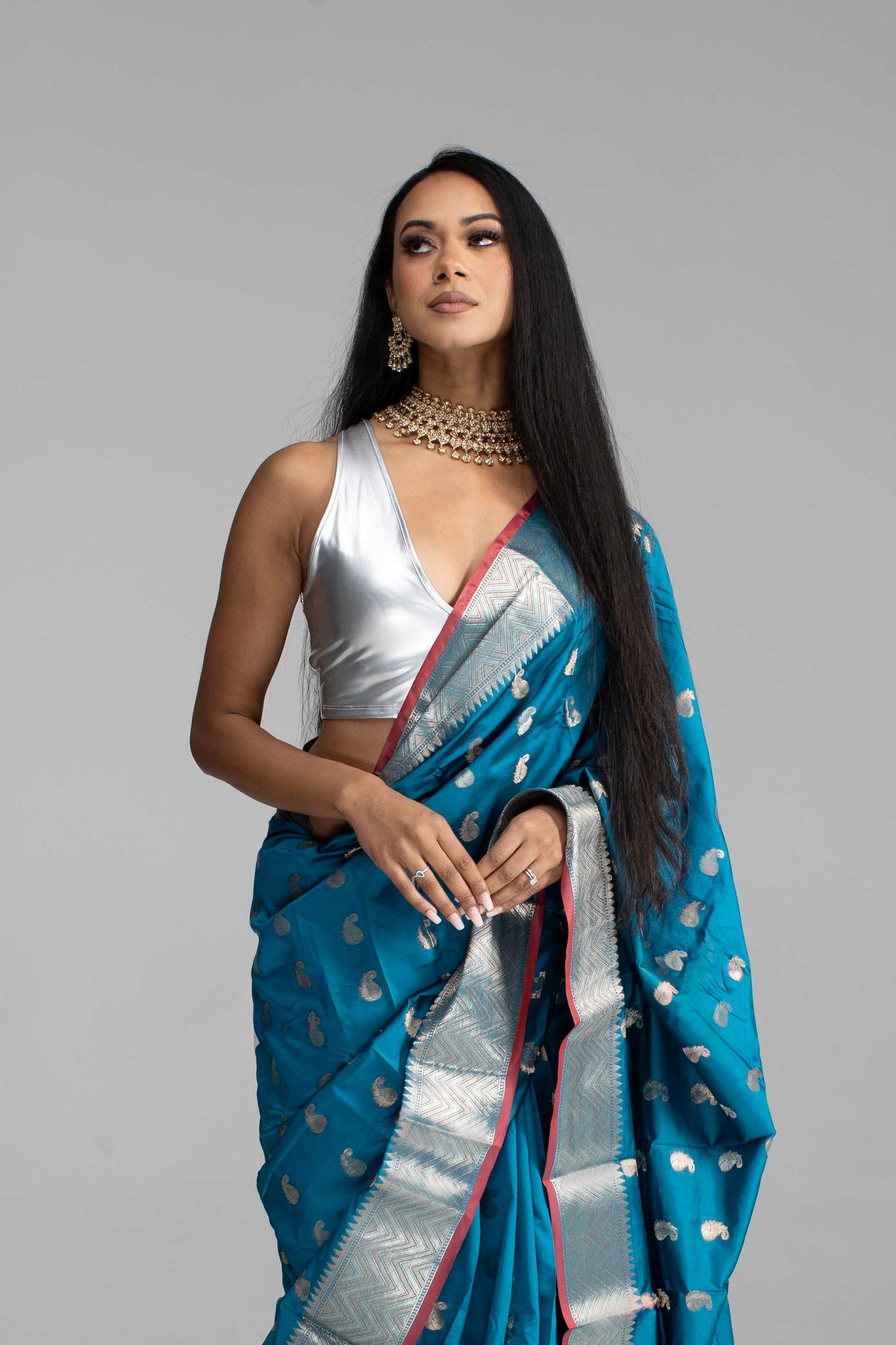 Teal Blue Saree with Silver Zari with Maroon Trim