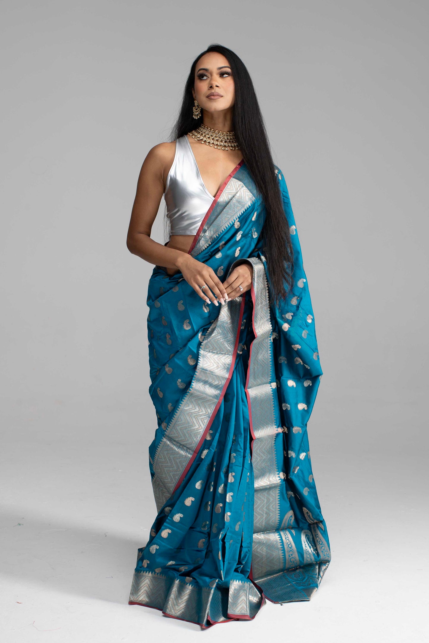Teal Blue Saree with Silver Zari with Maroon Trim