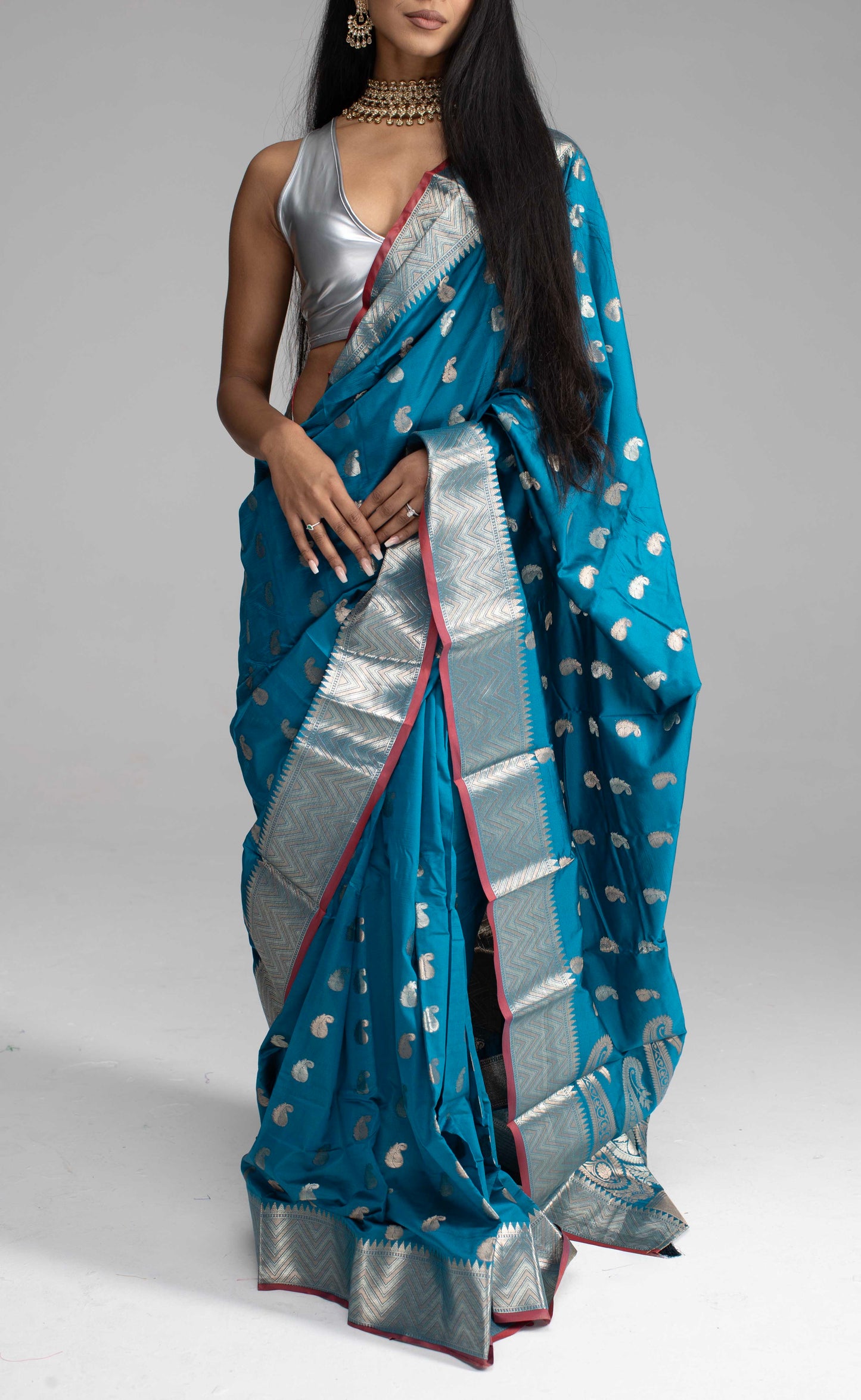 Teal Blue Saree with Silver Zari with Maroon Trim