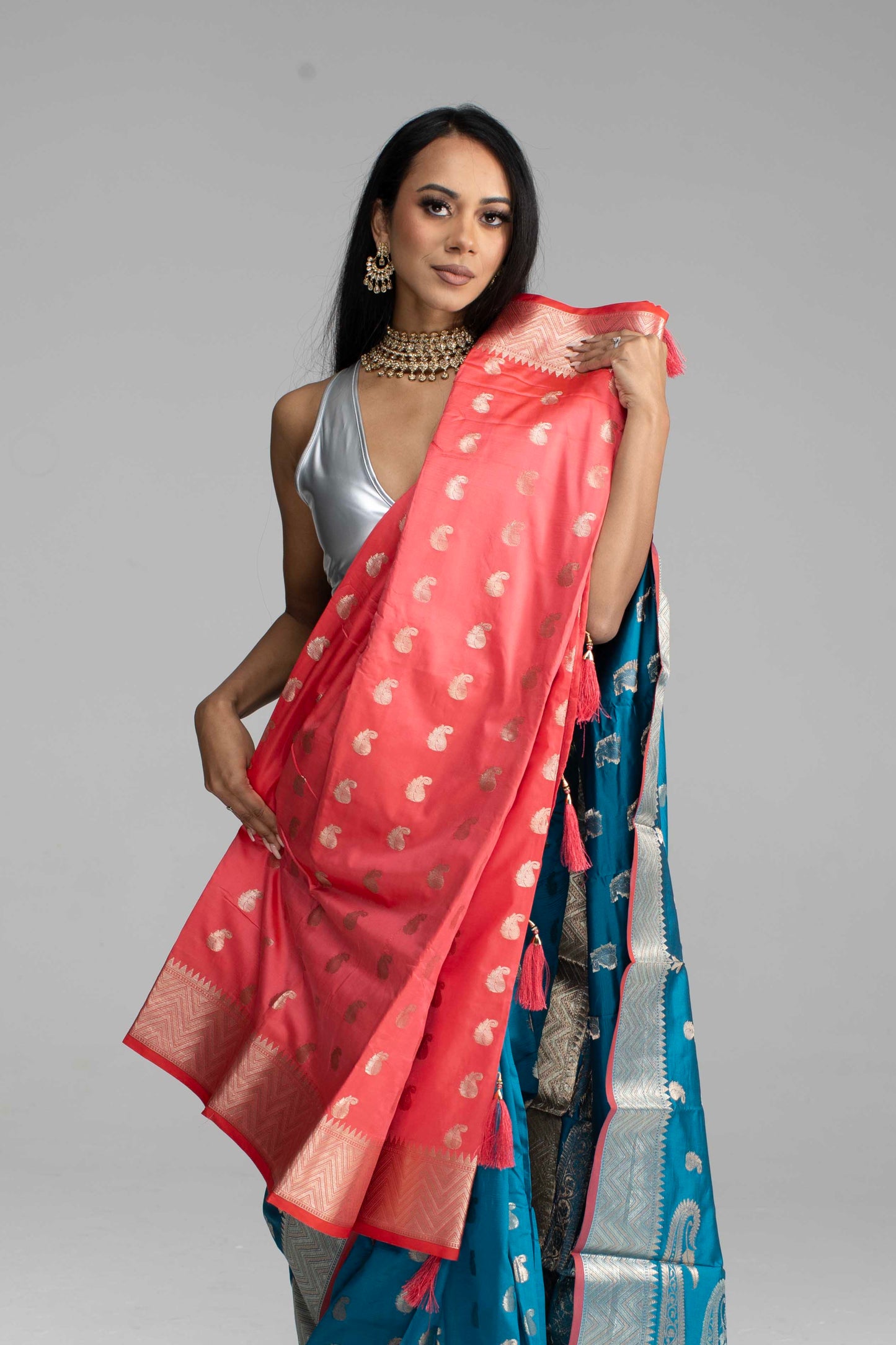 Teal Blue Saree with Silver Zari with Maroon Trim