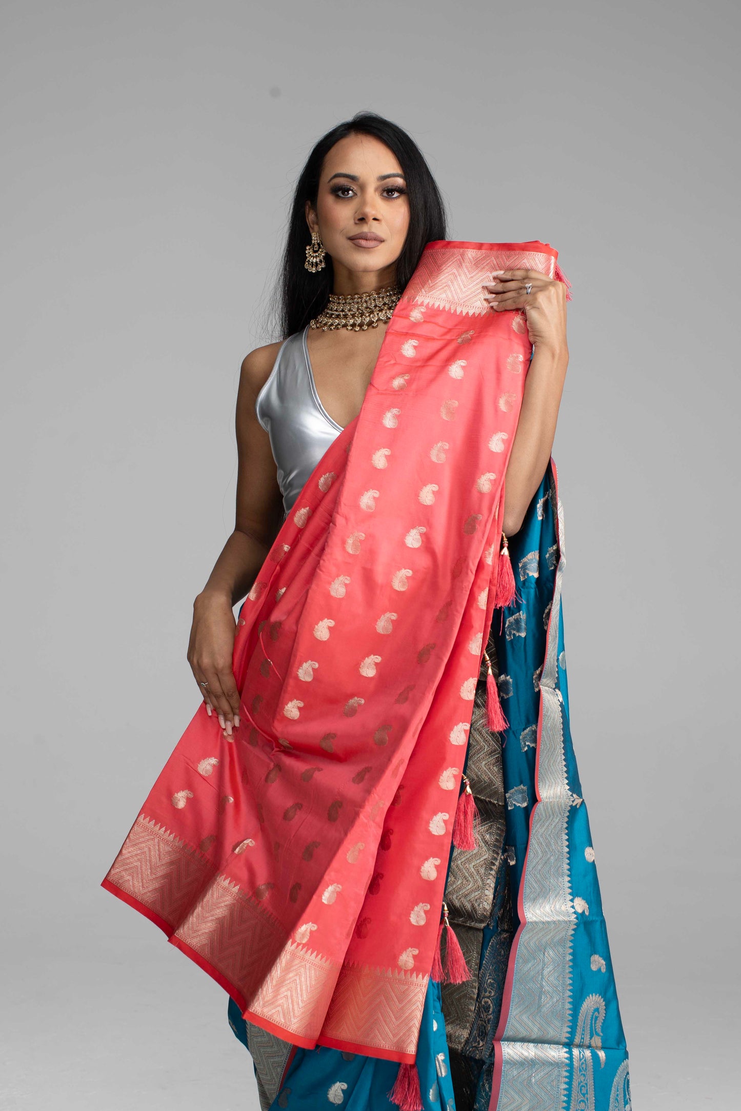 Teal Blue Saree with Silver Zari with Maroon Trim
