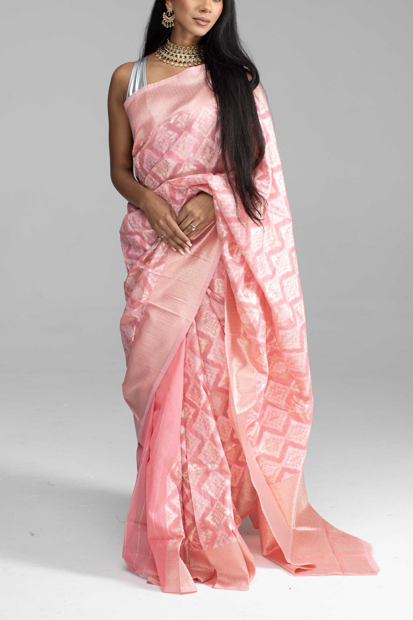 Peach Cotton Saree with Silver Work