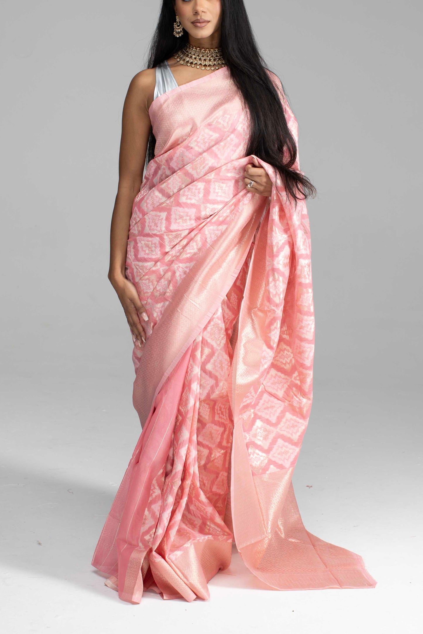 Peach Cotton Saree with Silver Work