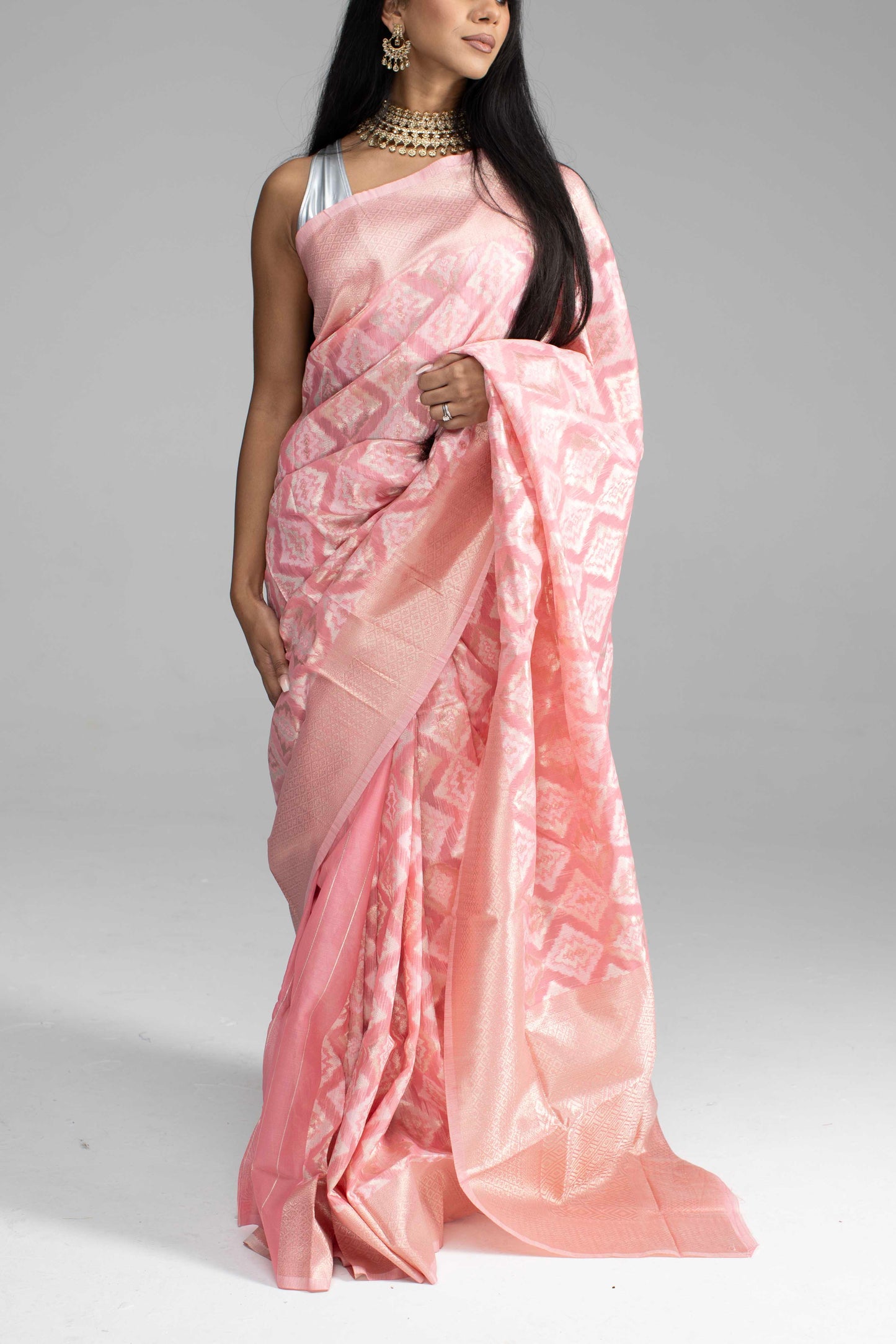 Peach Cotton Saree with Silver Work