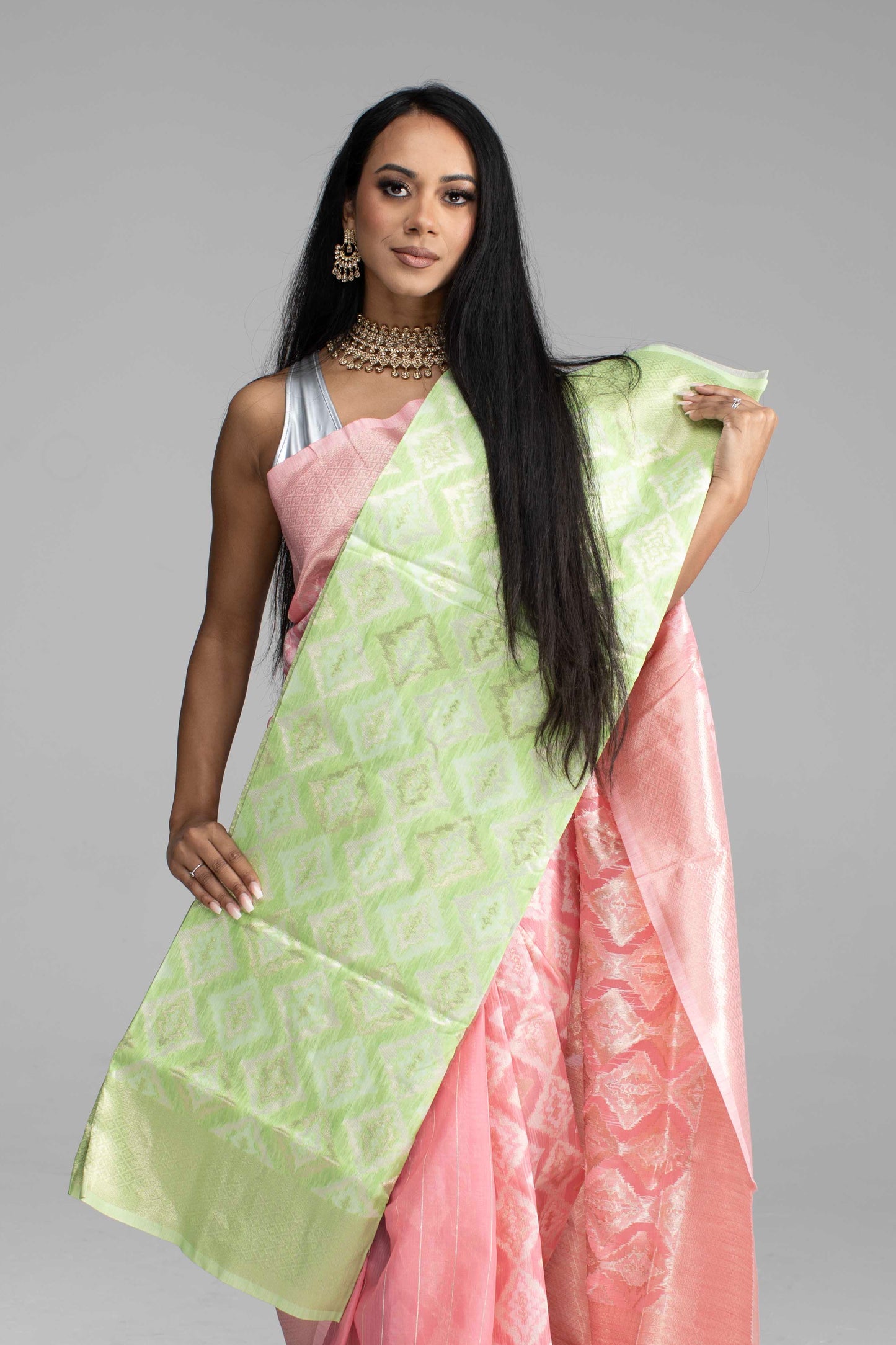 Peach Cotton Saree with Silver Work