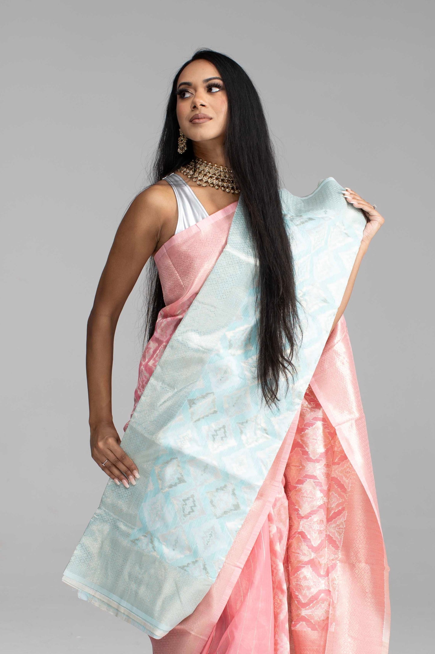 Peach Cotton Saree with Silver Work