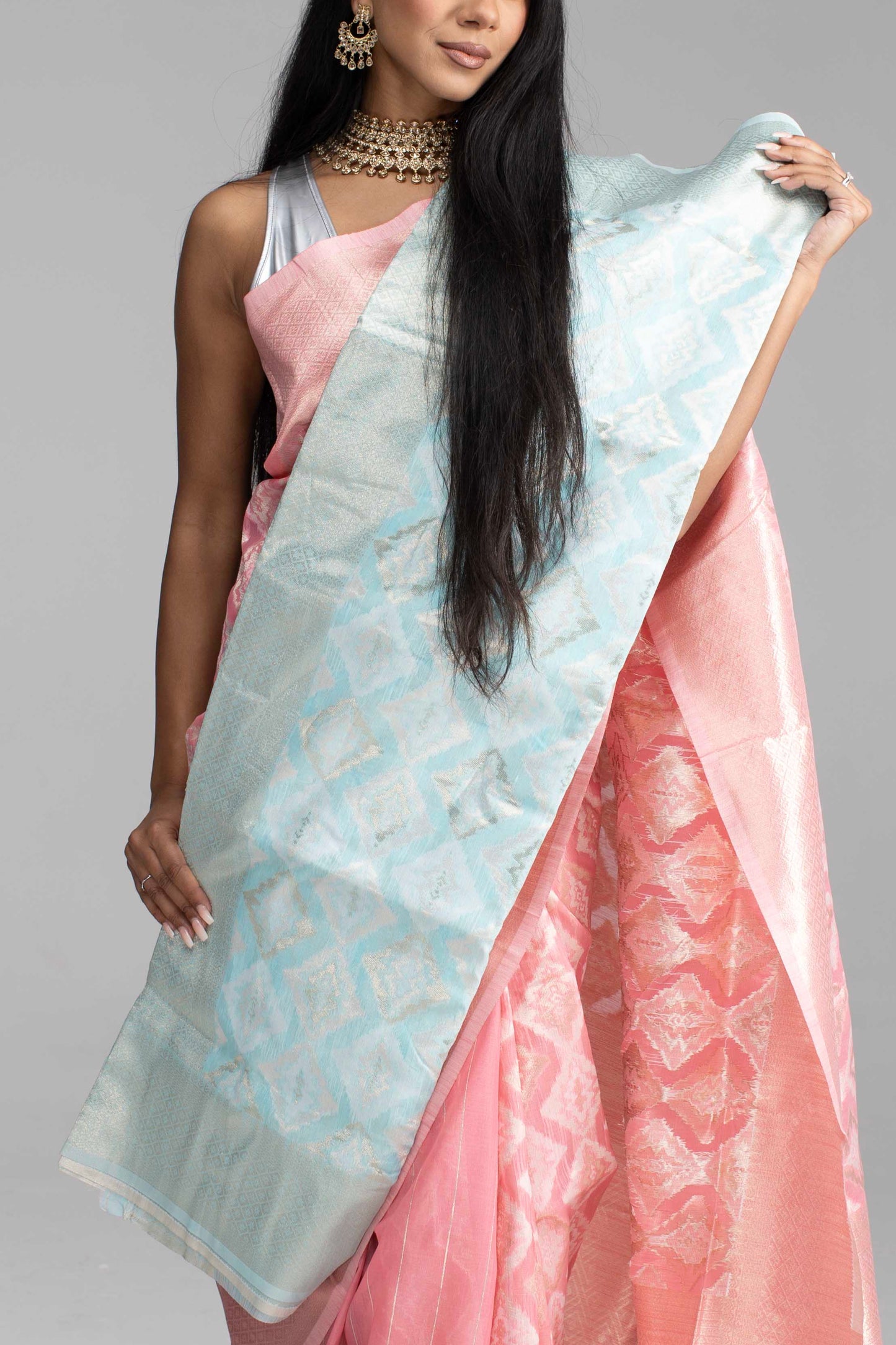 Peach Cotton Saree with Silver Work