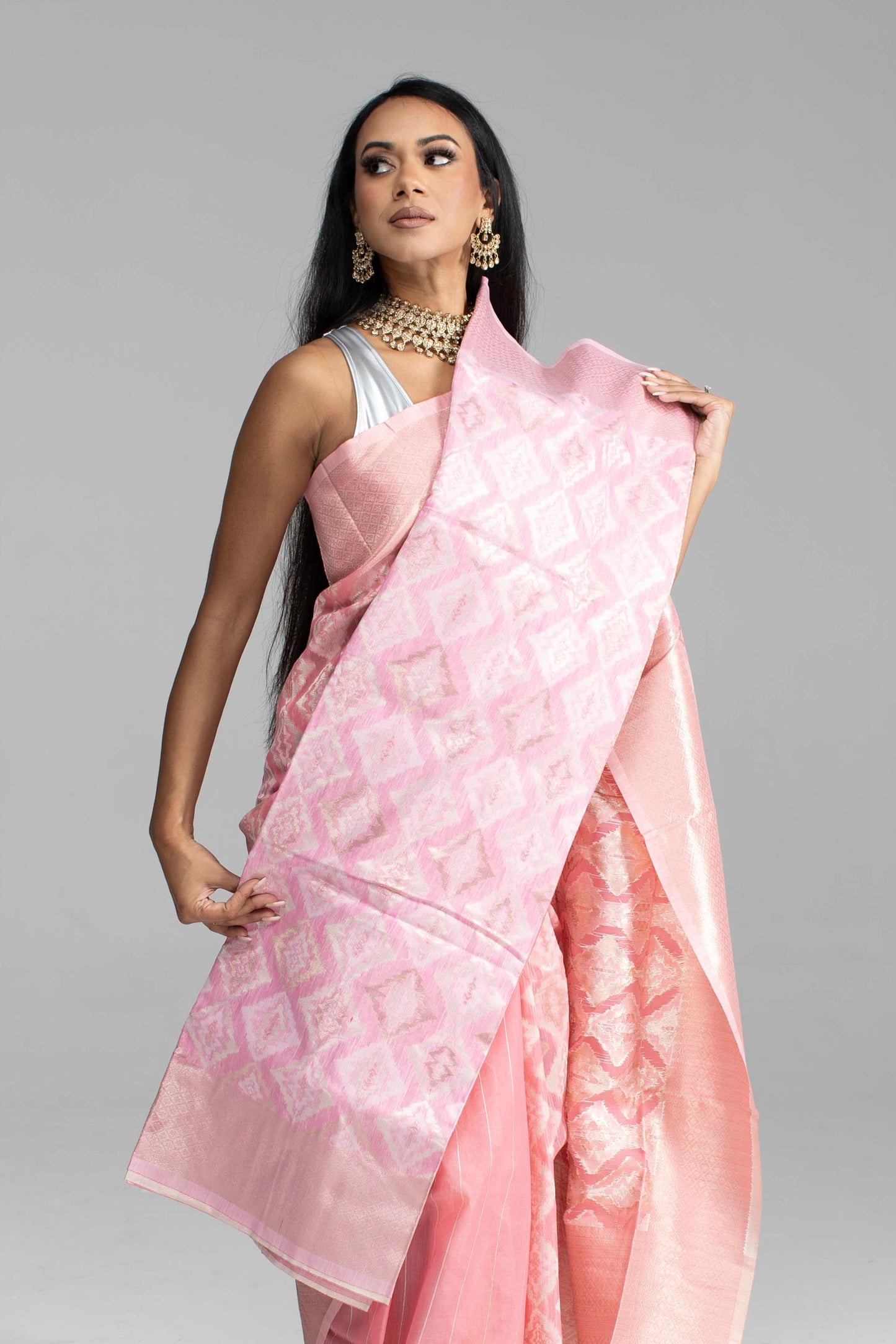 Peach Cotton Saree with Silver Work