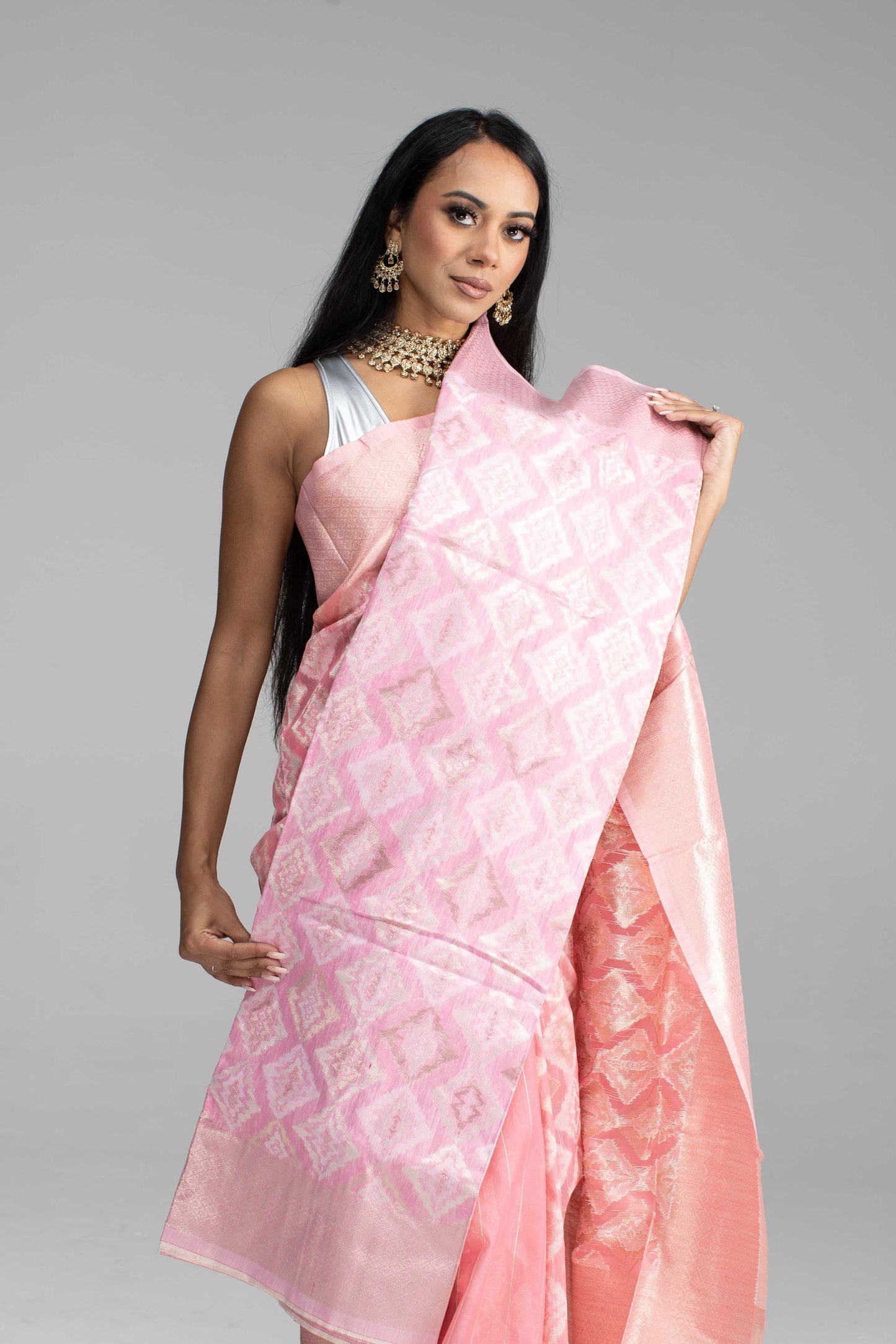 Peach Cotton Saree with Silver Work