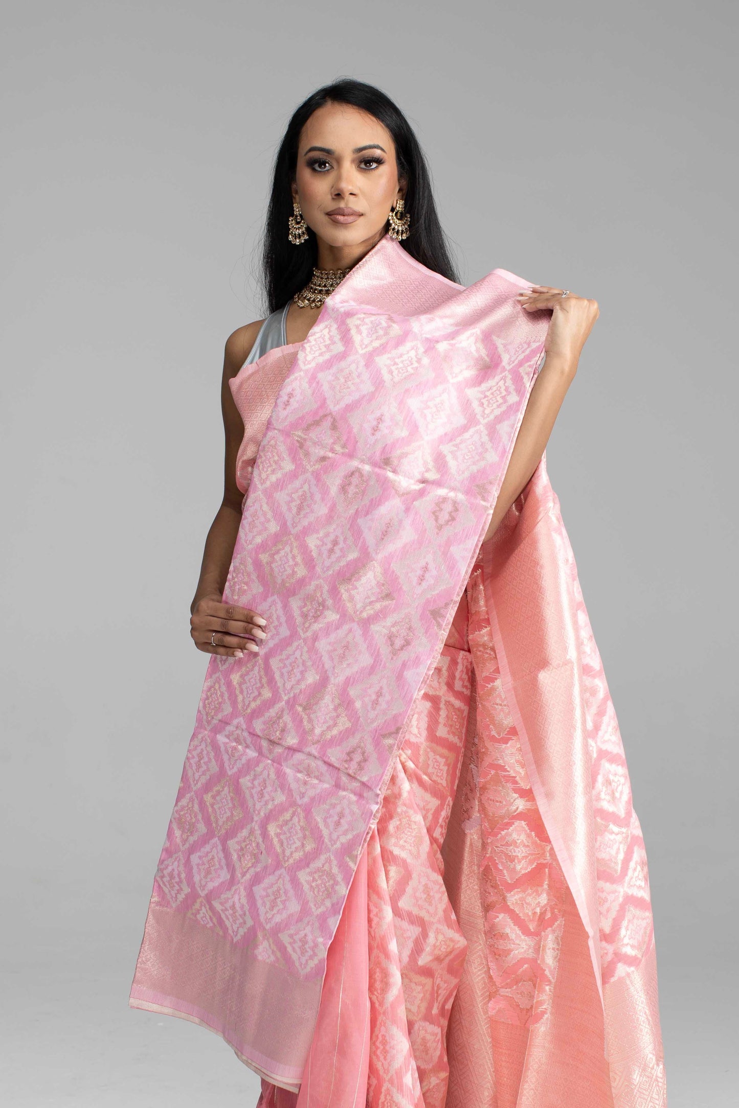 Peach Cotton Saree with Silver Work