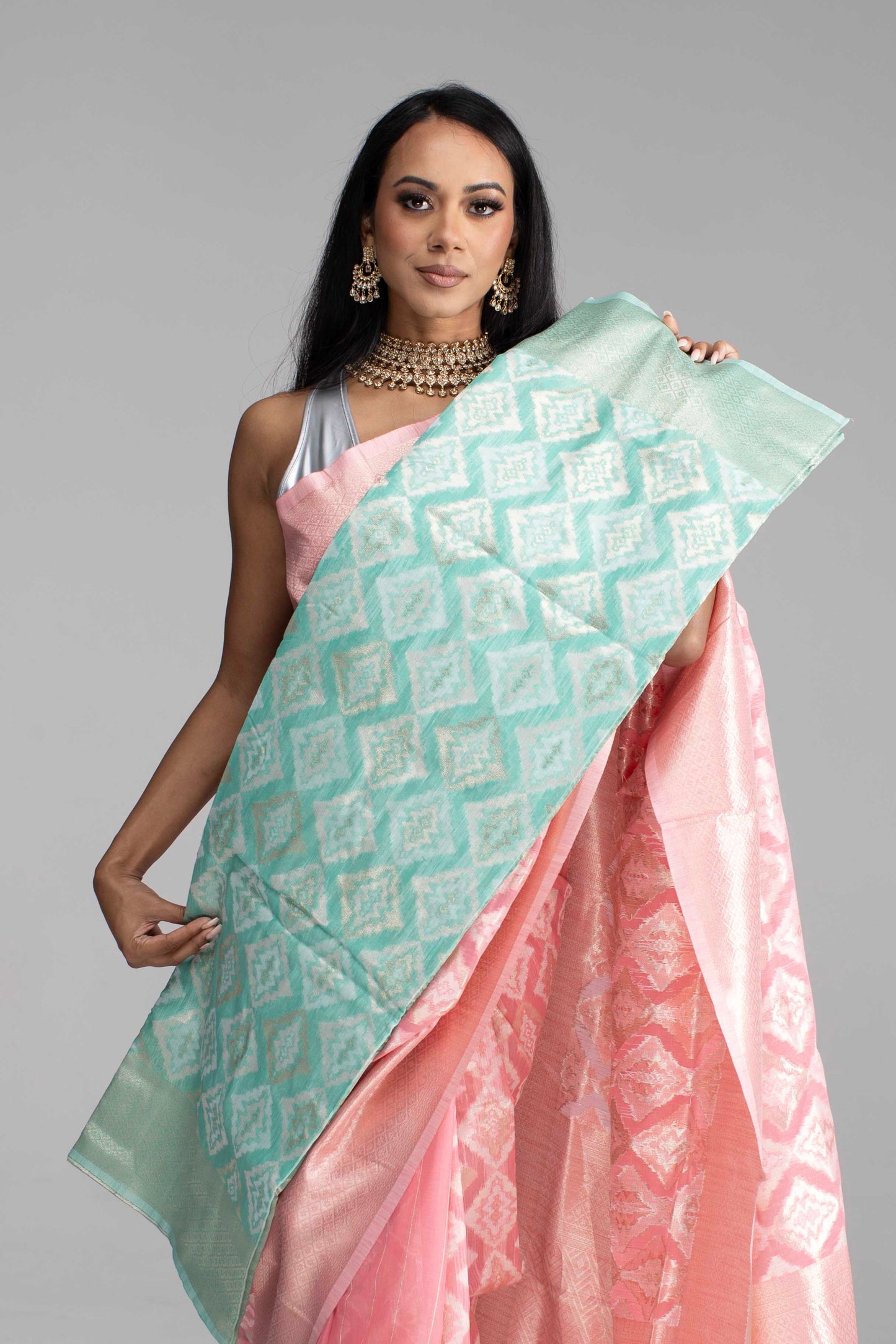 Peach Cotton Saree with Silver Work