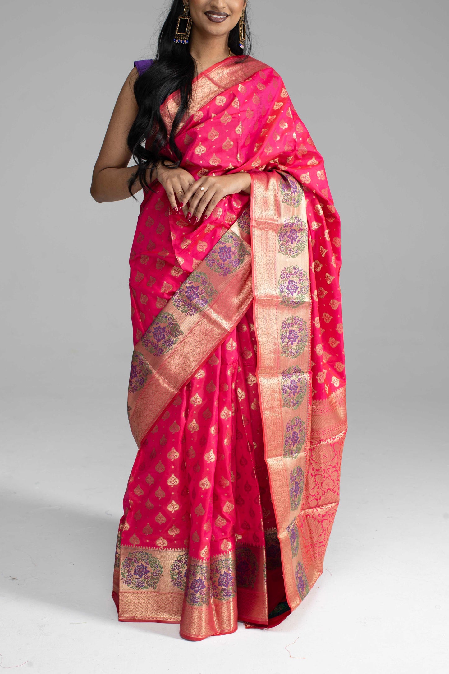 Radiant Pink Silk Saree with Golden Zari Weaving & Floral Motifs