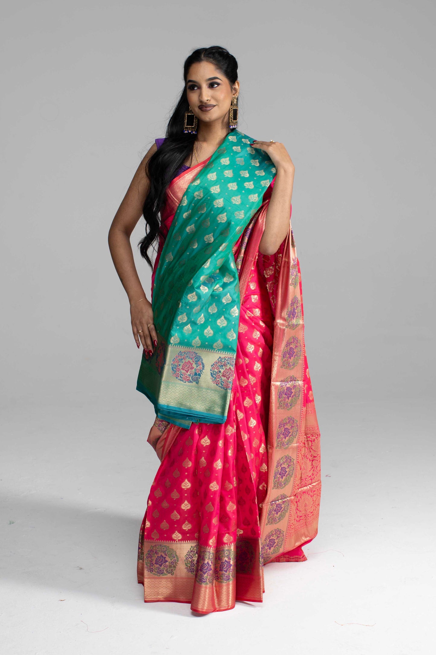 Radiant Pink Silk Saree with Golden Zari Weaving & Floral Motifs