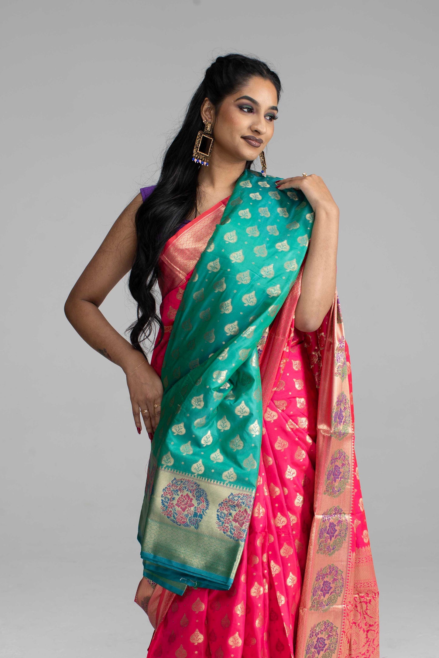 Radiant Pink Silk Saree with Golden Zari Weaving & Floral Motifs