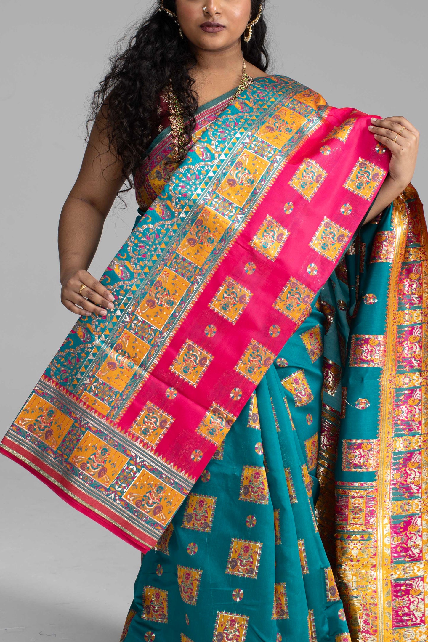 Radiant Teal & Magenta Banarasi Silk Saree with Goddess & temple motifs