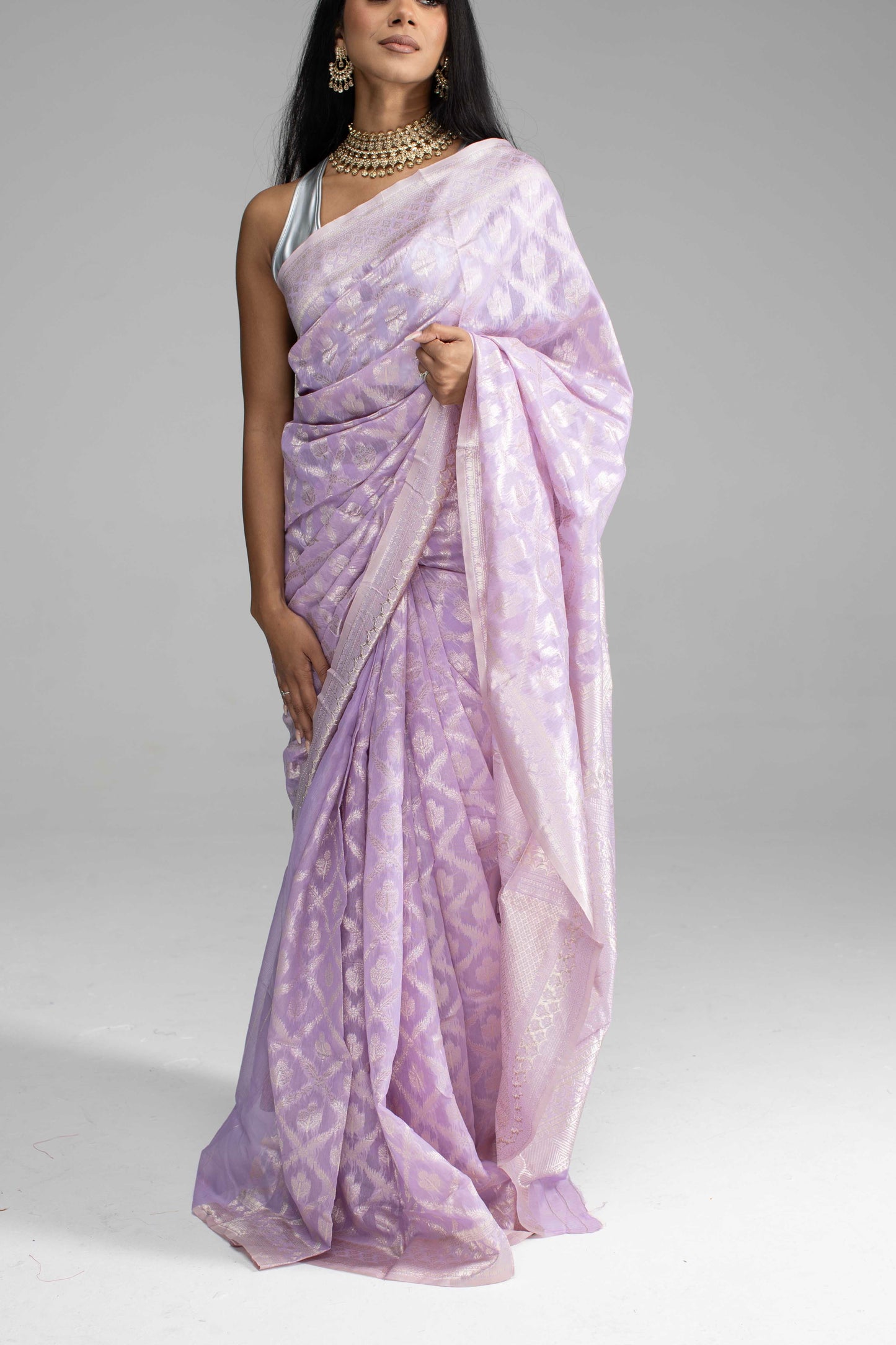Lilac Cotton Saree with Silver Zari Work