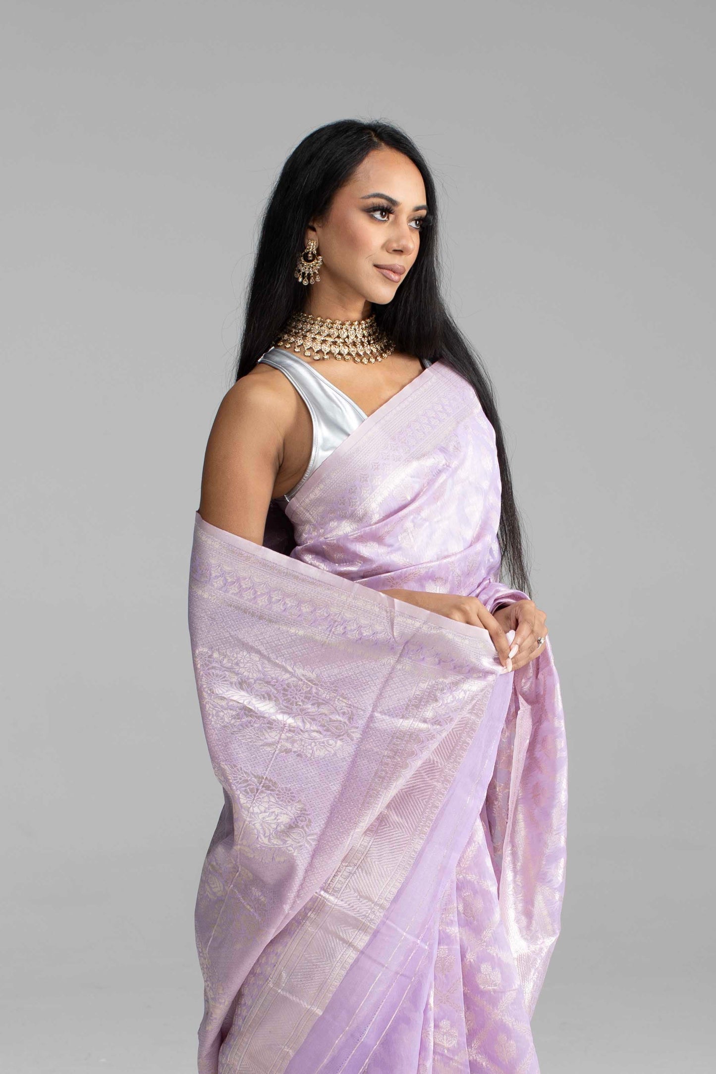 Lilac Cotton Saree with Silver Zari Work