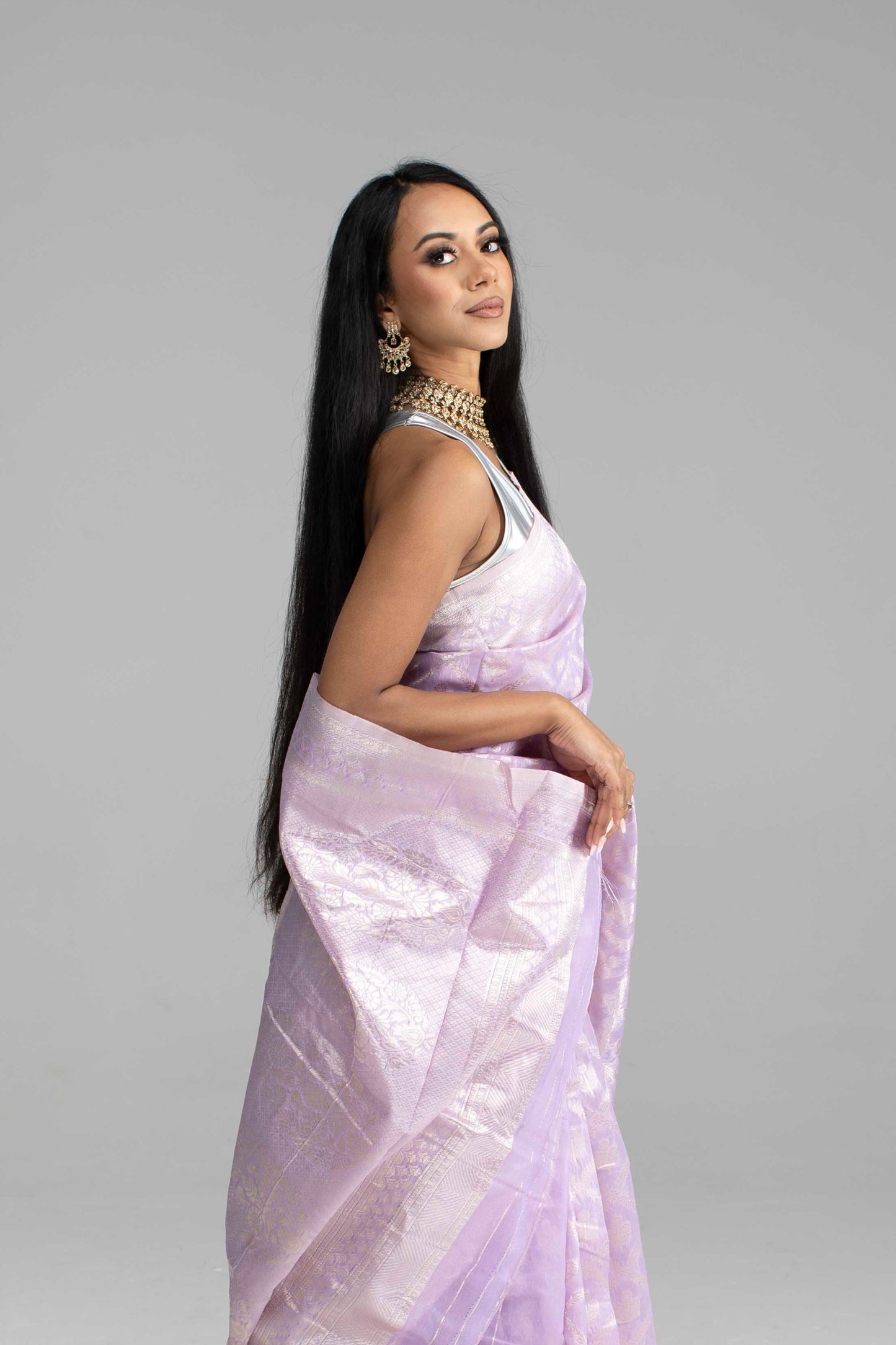 Lilac Cotton Saree with Silver Zari Work