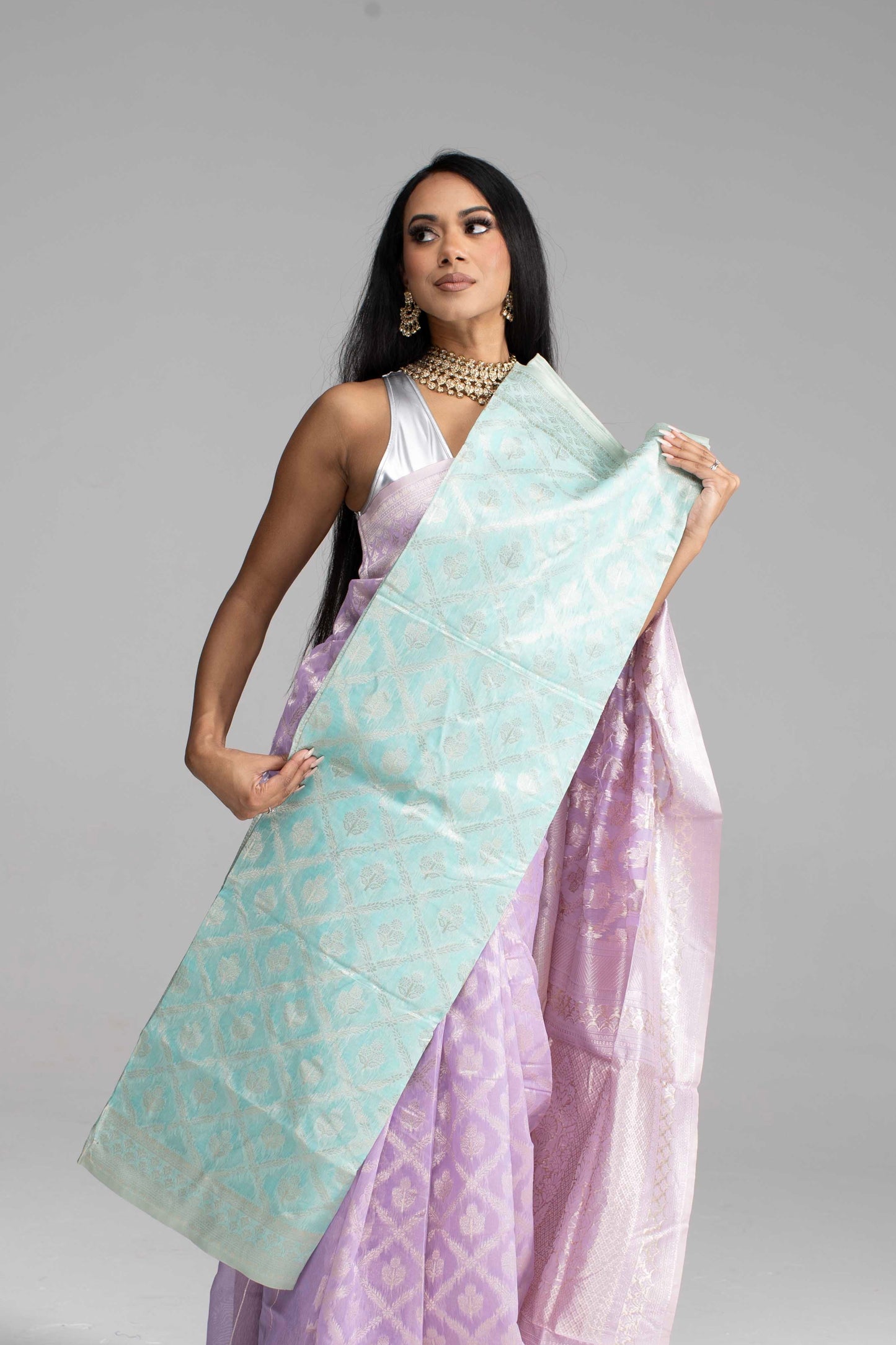 Lilac Cotton Saree with Silver Zari Work