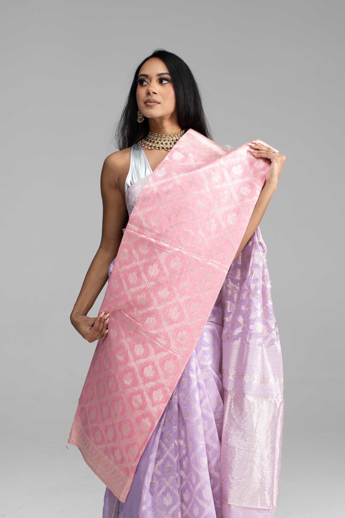 Lilac Cotton Saree with Silver Zari Work