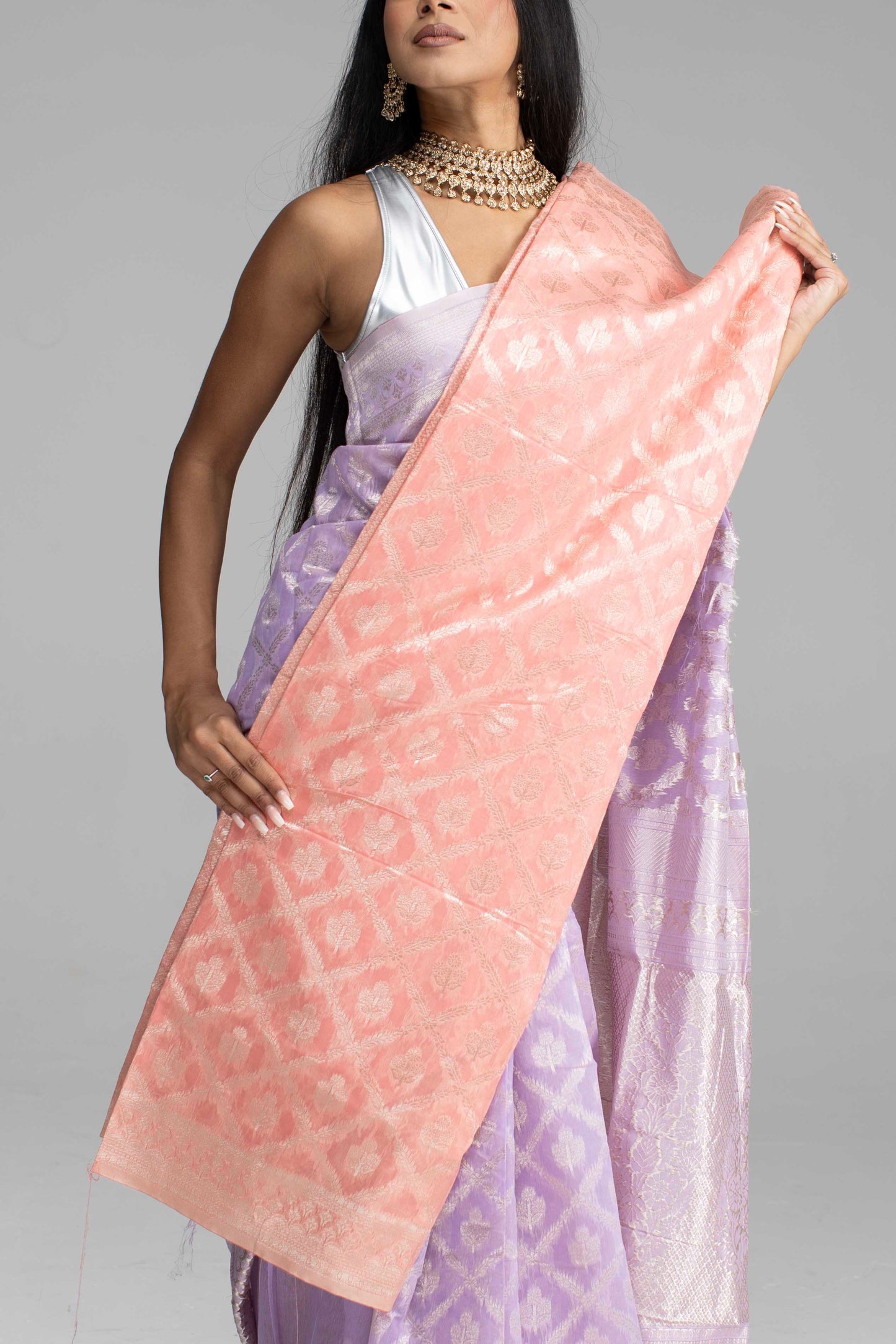 Lilac Cotton Saree with Silver Zari Work
