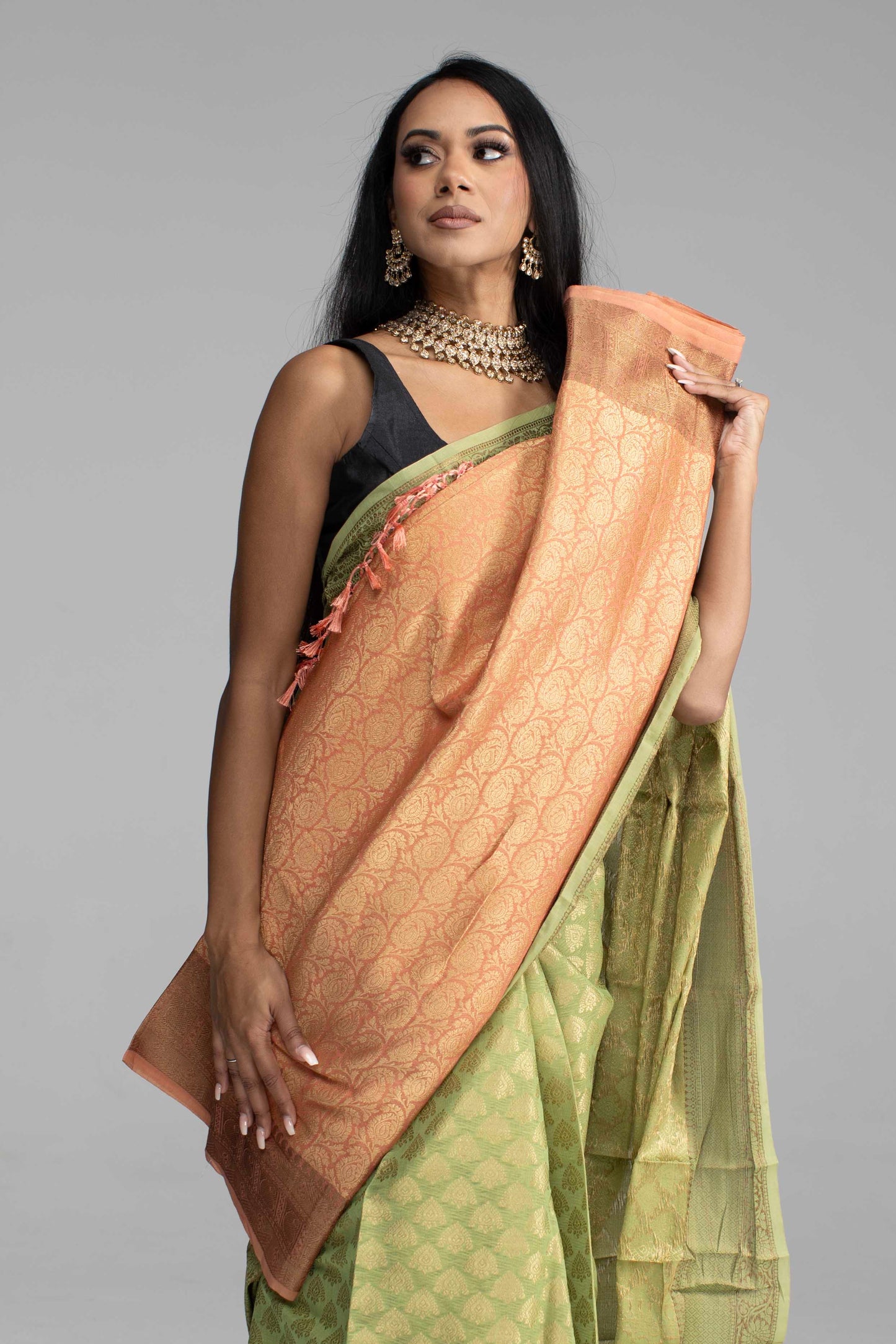 Olive Green Silk Saree Adorned in All-Over Gold Work