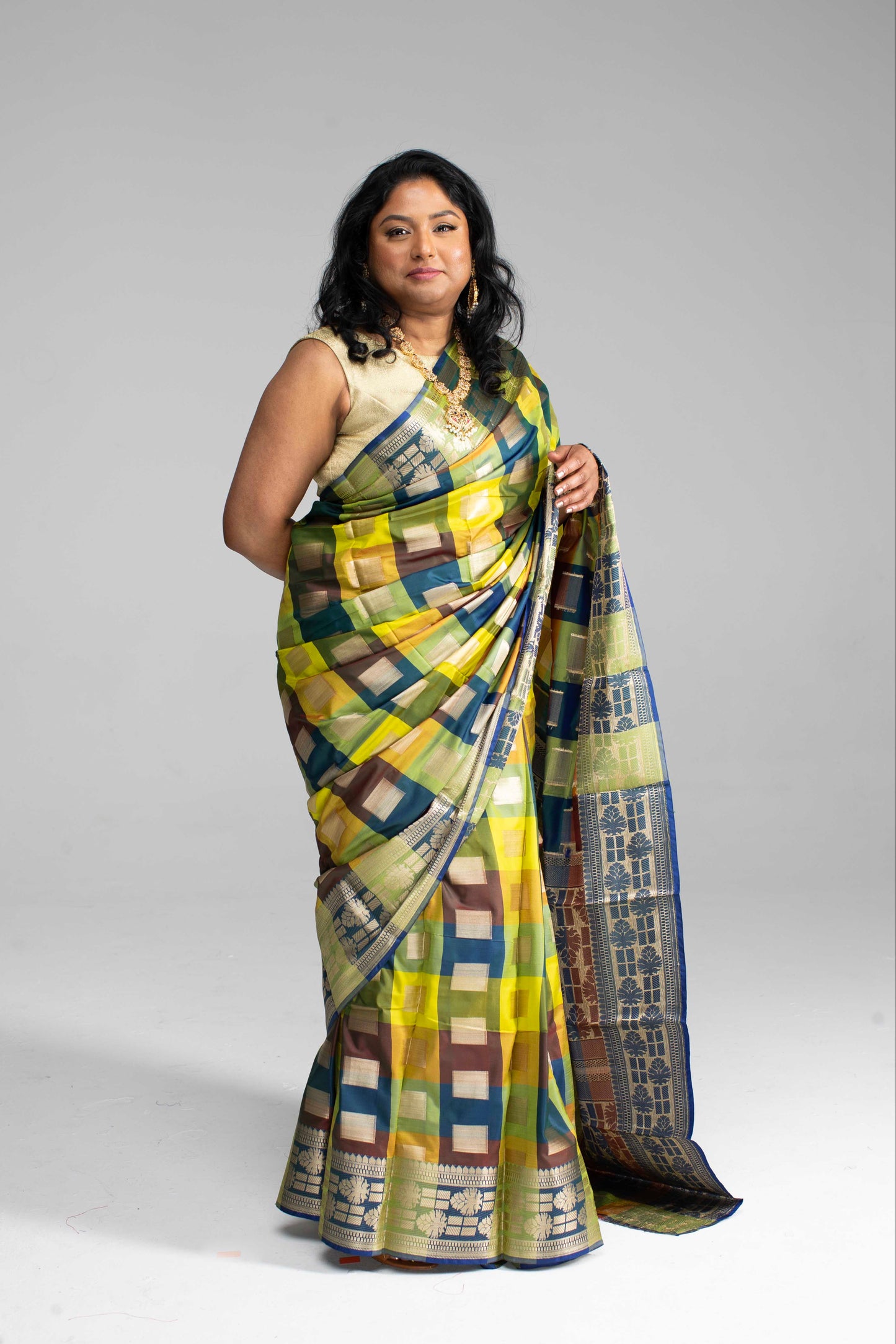 Radiant Multicoloured Chequered Silk Saree
