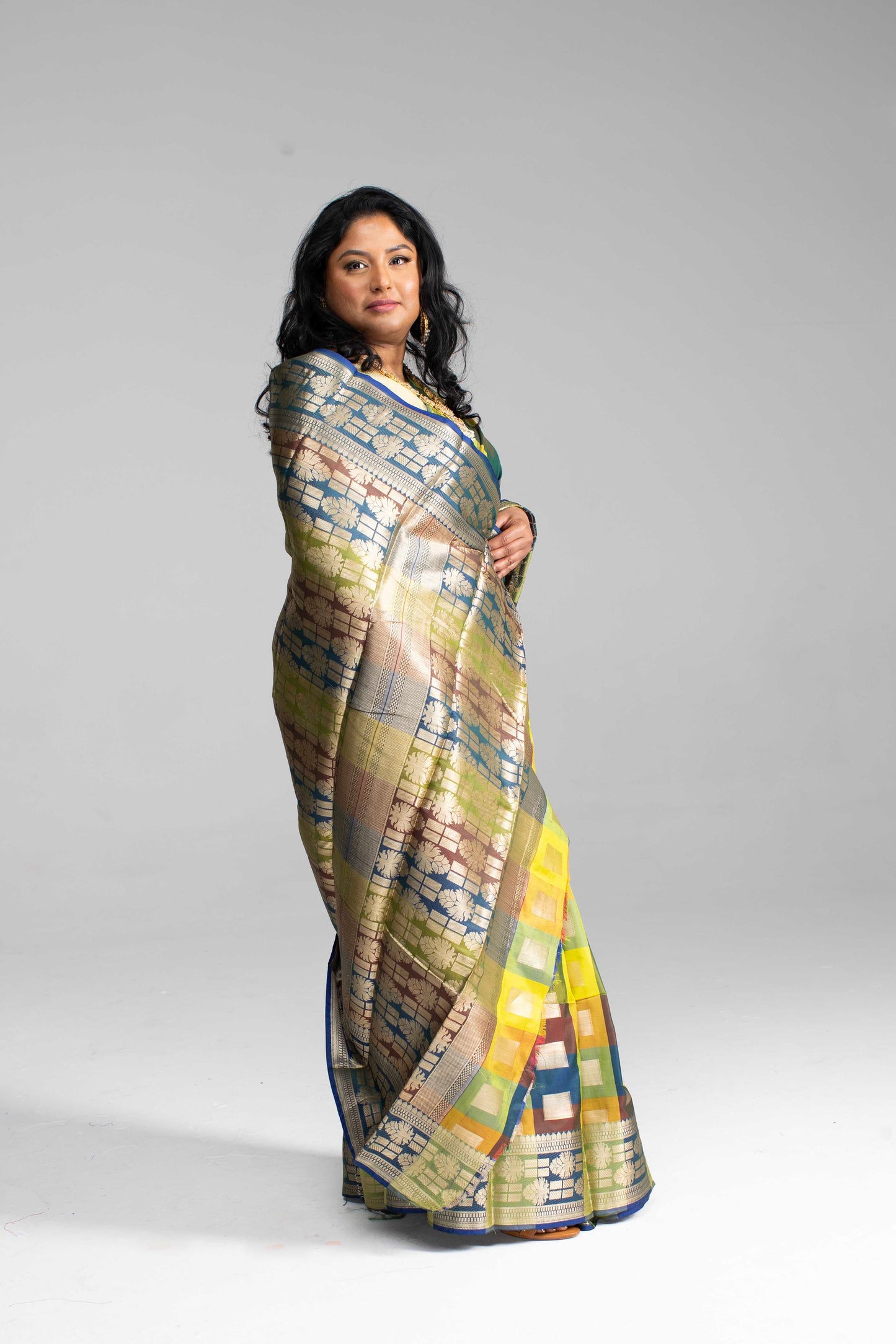 Radiant Multicoloured Chequered Silk Saree