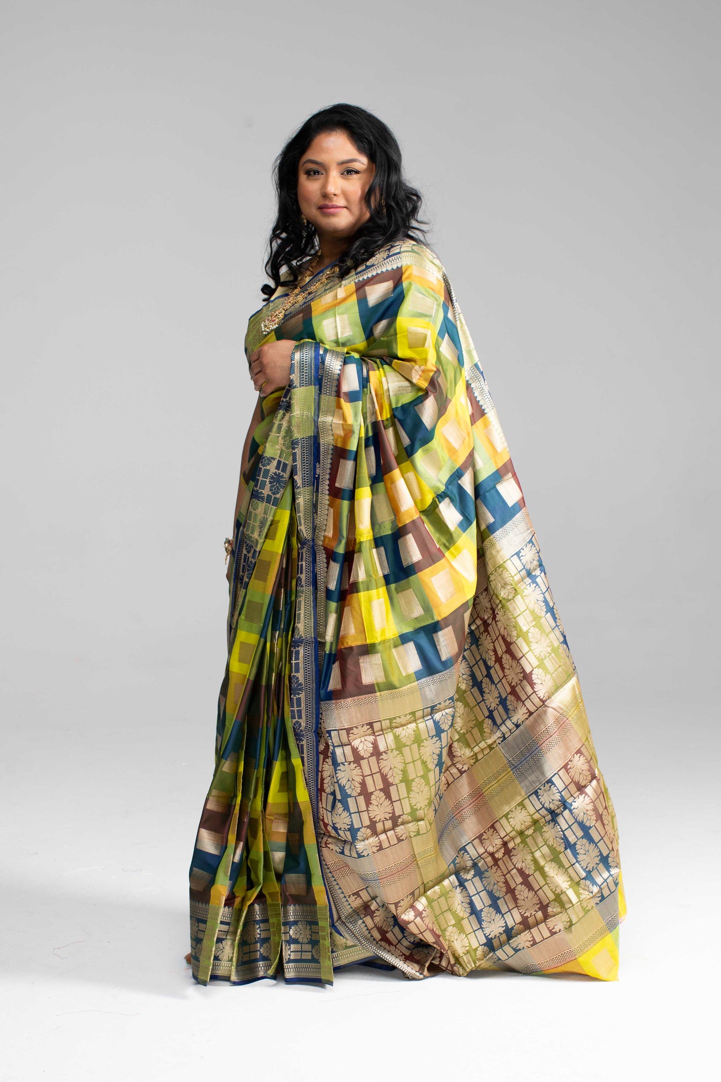 Radiant Multicoloured Chequered Silk Saree