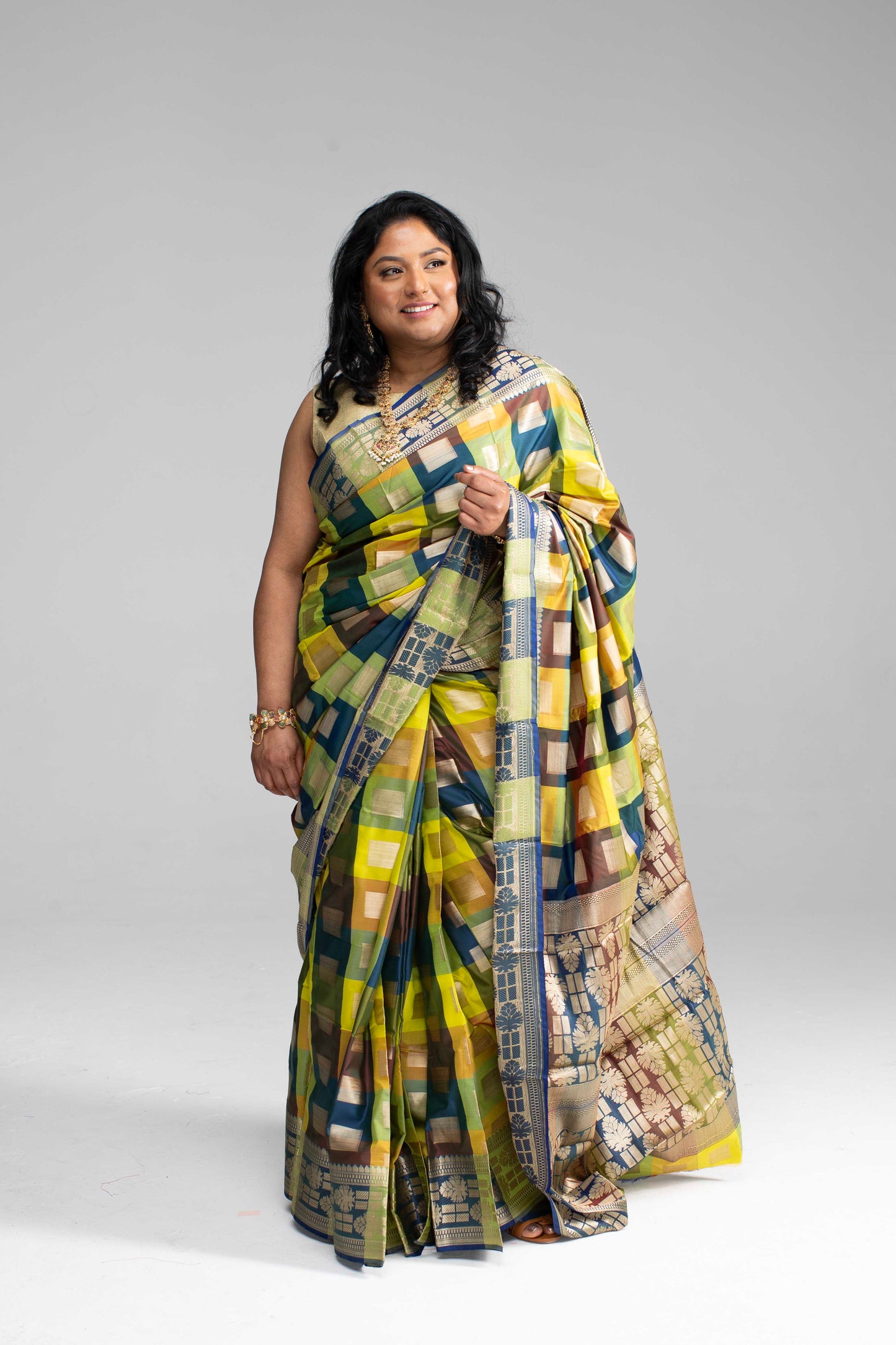 Radiant Multicoloured Chequered Silk Saree