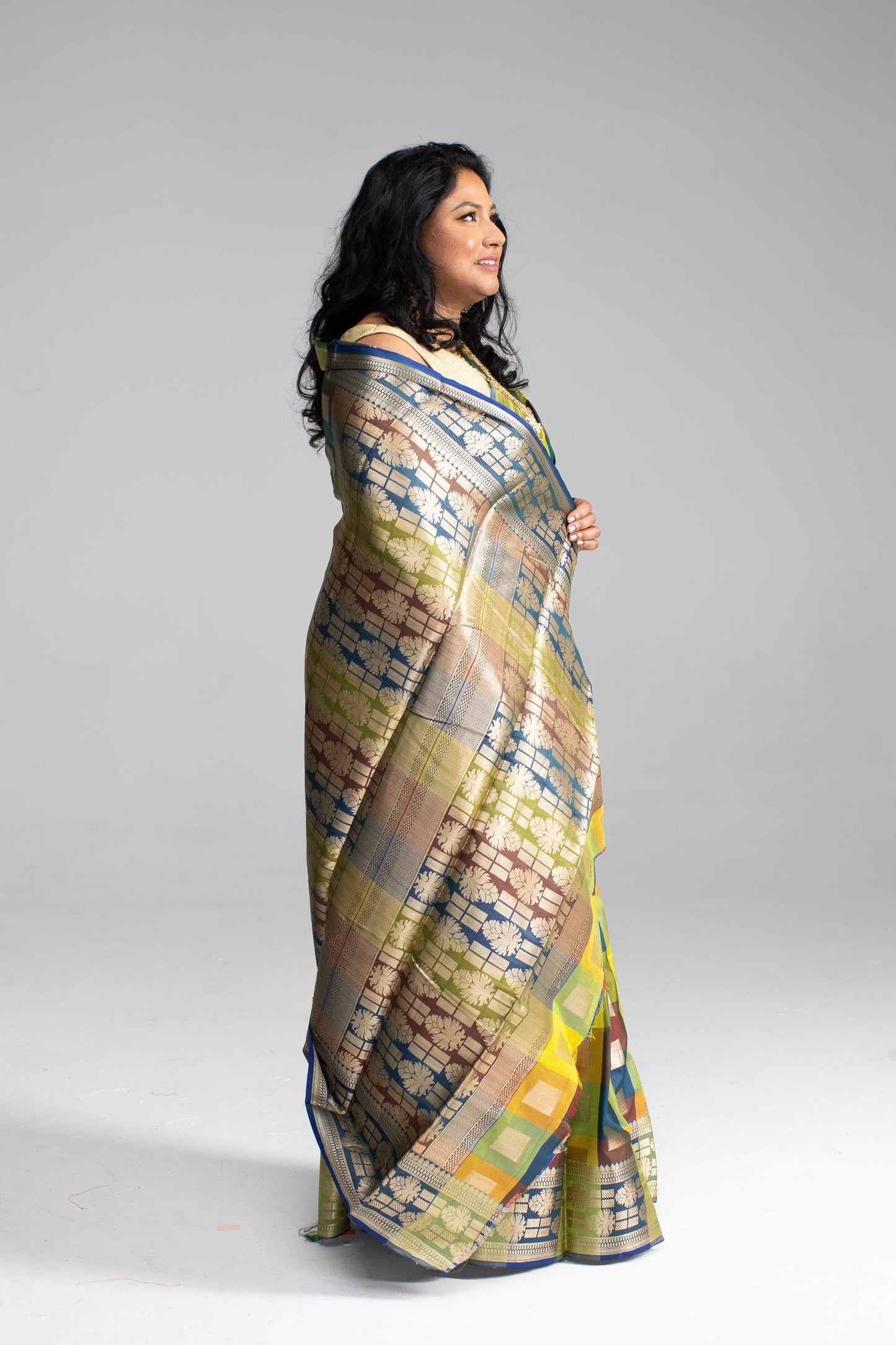 Radiant Multicoloured Chequered Silk Saree