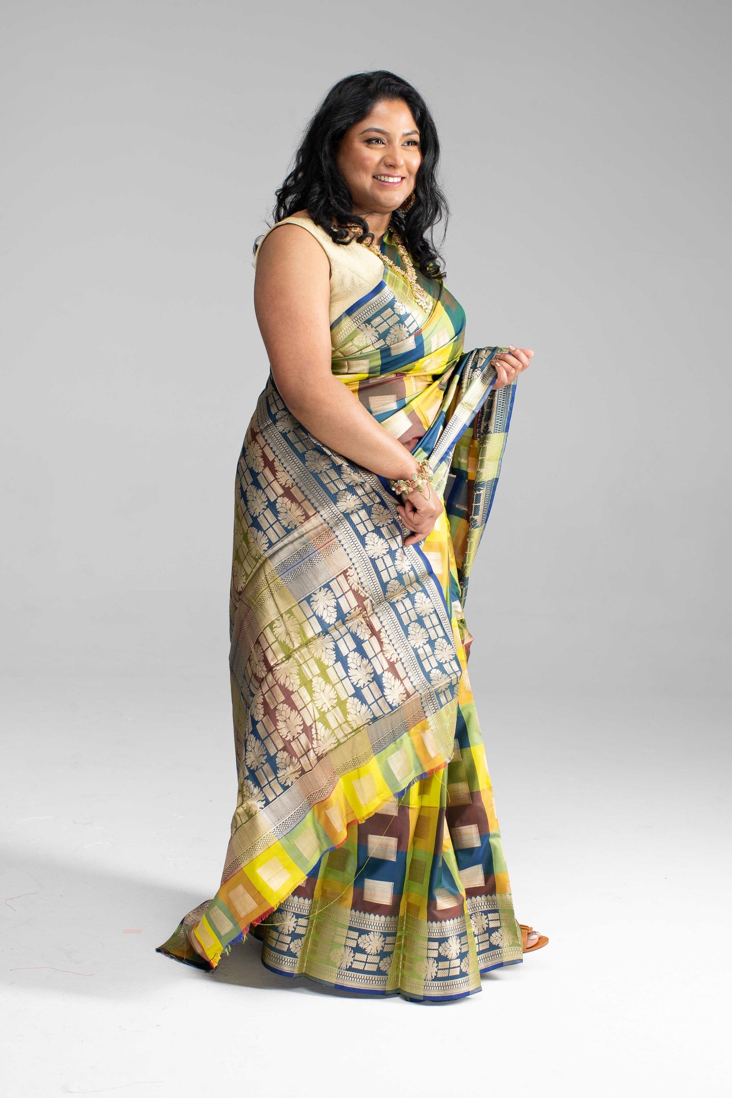 Radiant Multicoloured Chequered Silk Saree