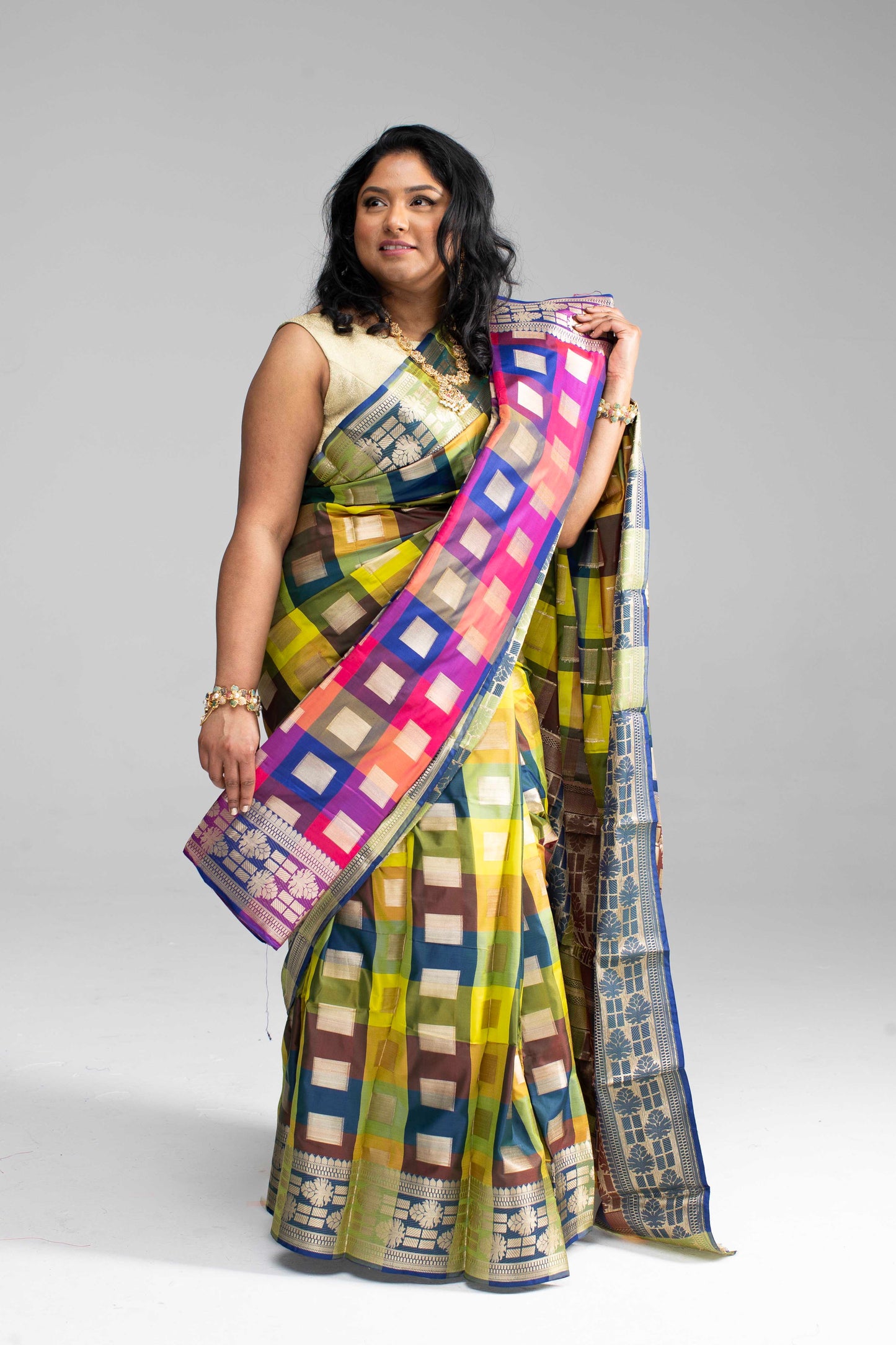 Radiant Multicoloured Chequered Silk Saree