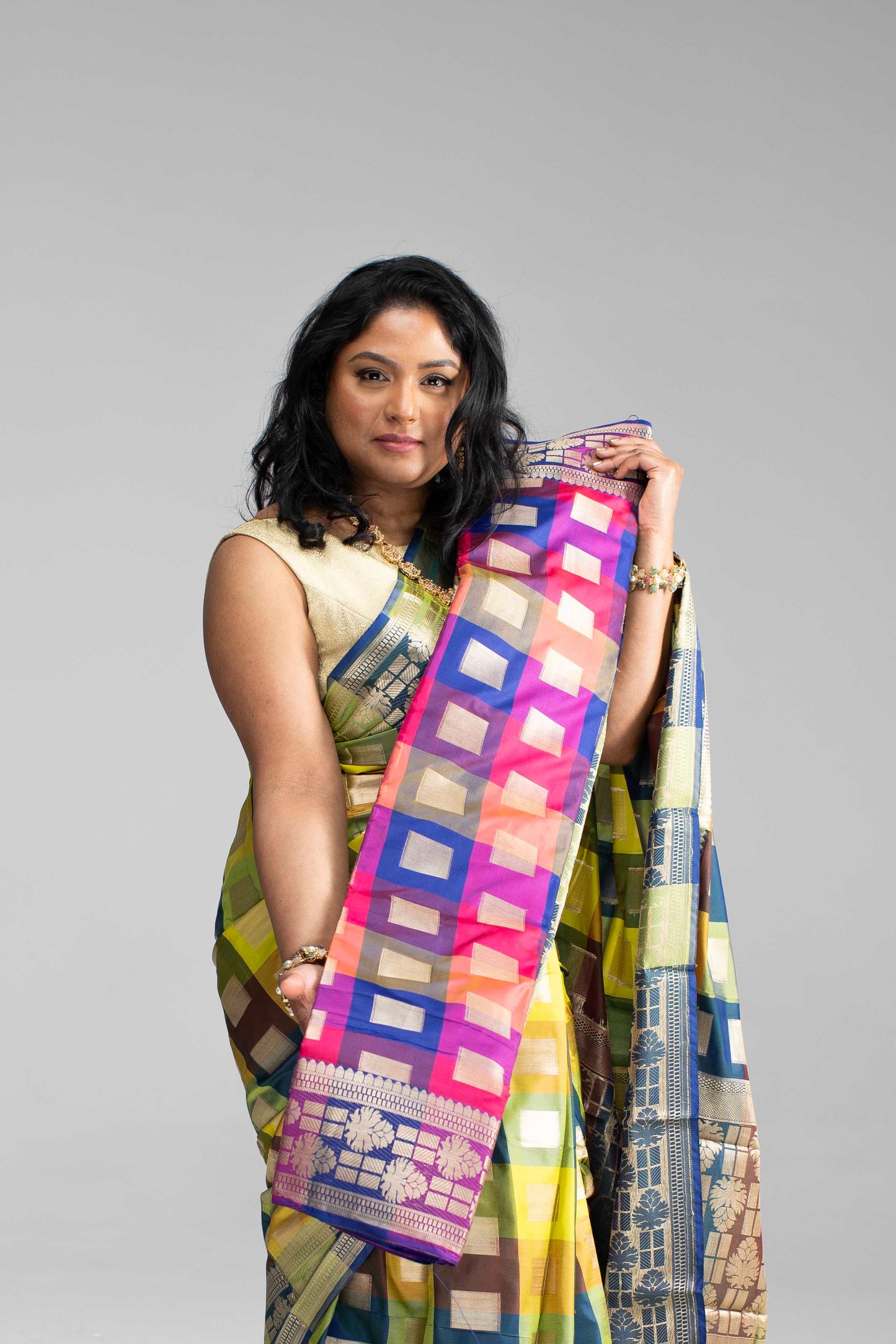 Radiant Multicoloured Chequered Silk Saree