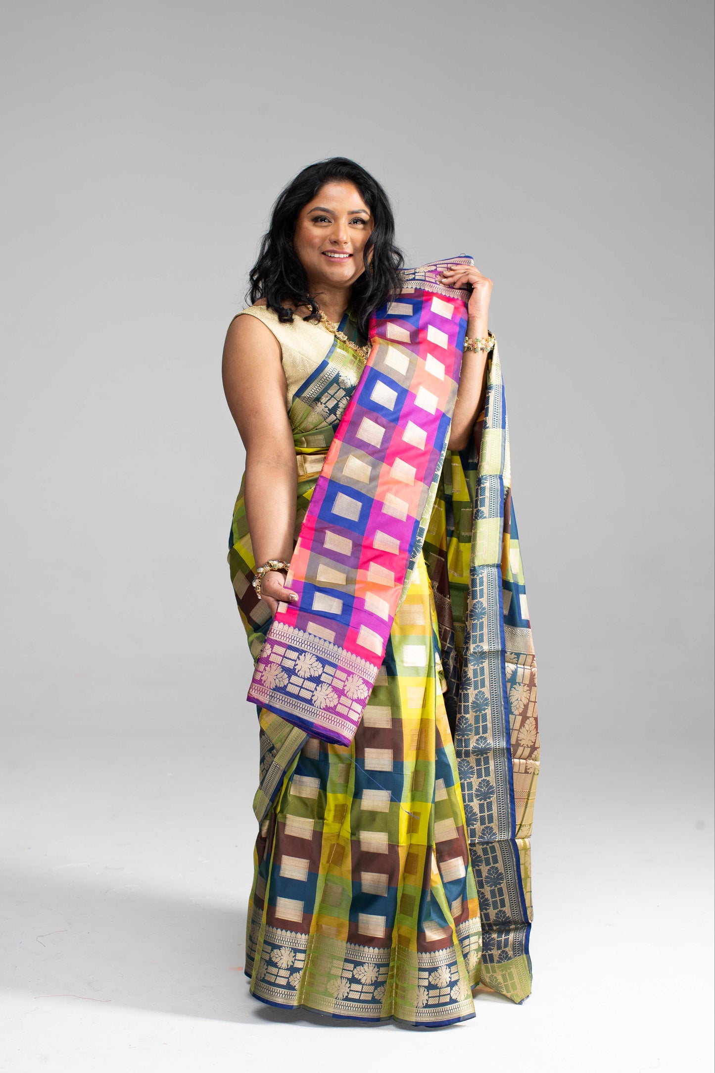 Radiant Multicoloured Chequered Silk Saree