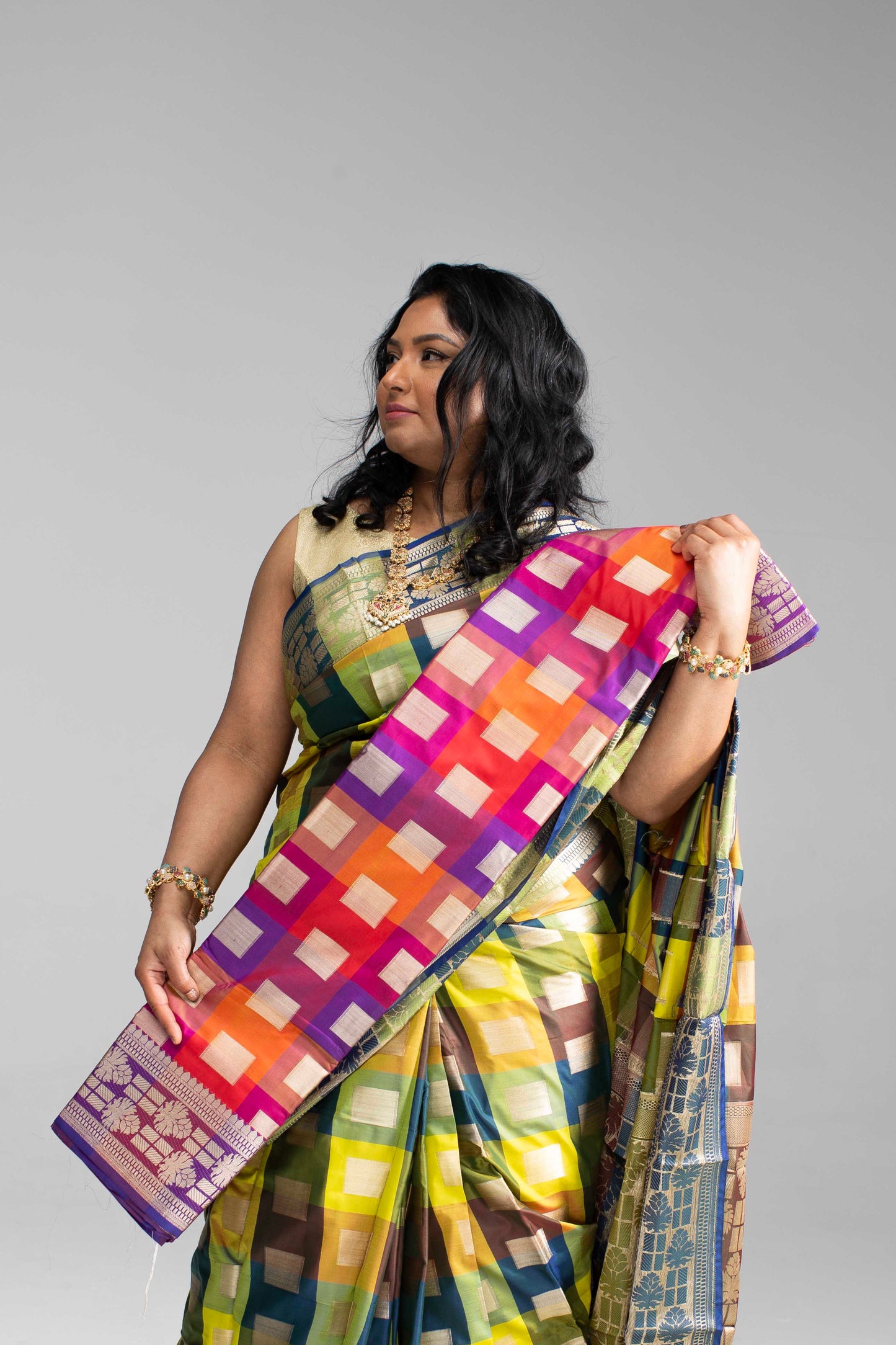 Radiant Multicoloured Chequered Silk Saree
