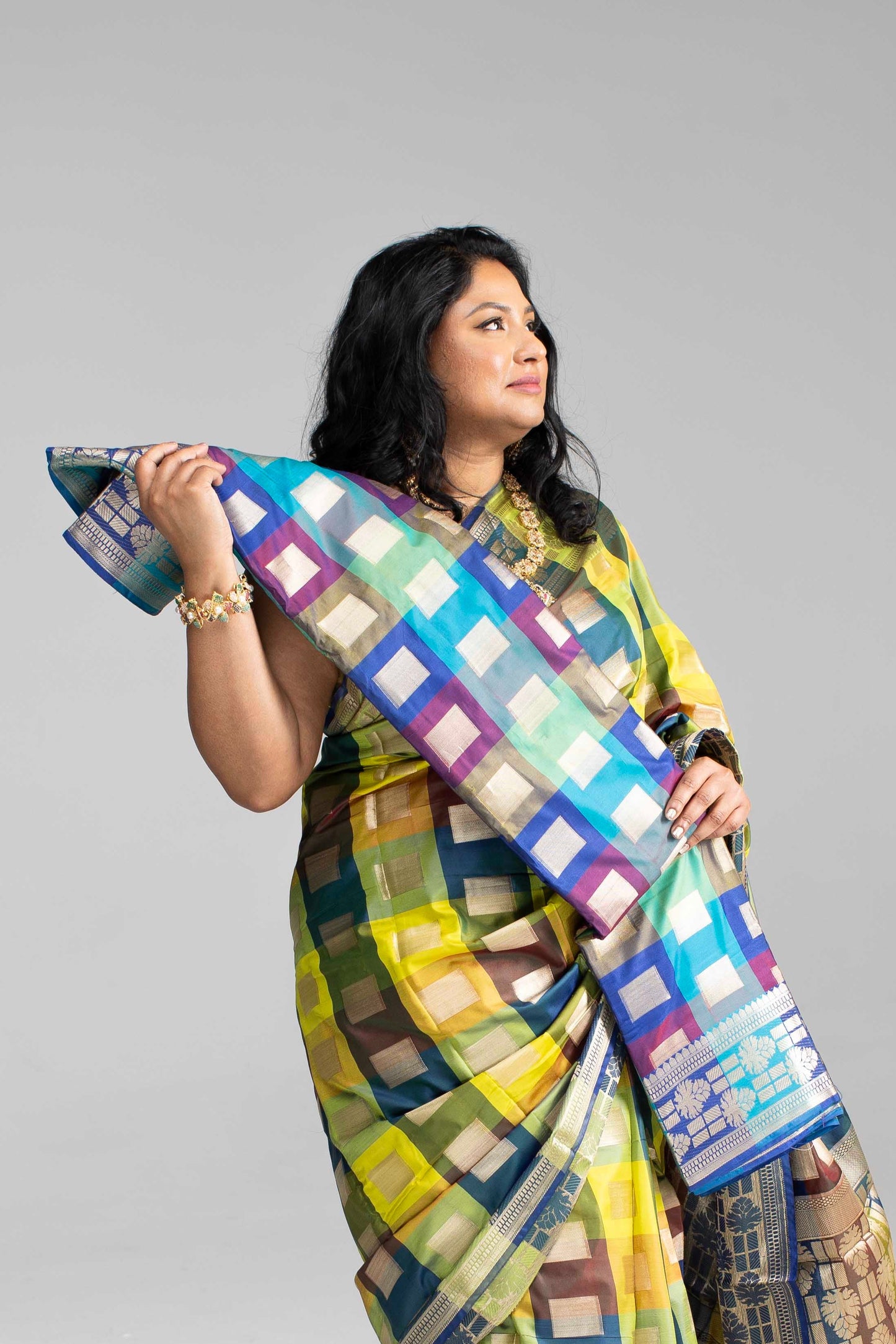 Radiant Multicoloured Chequered Silk Saree
