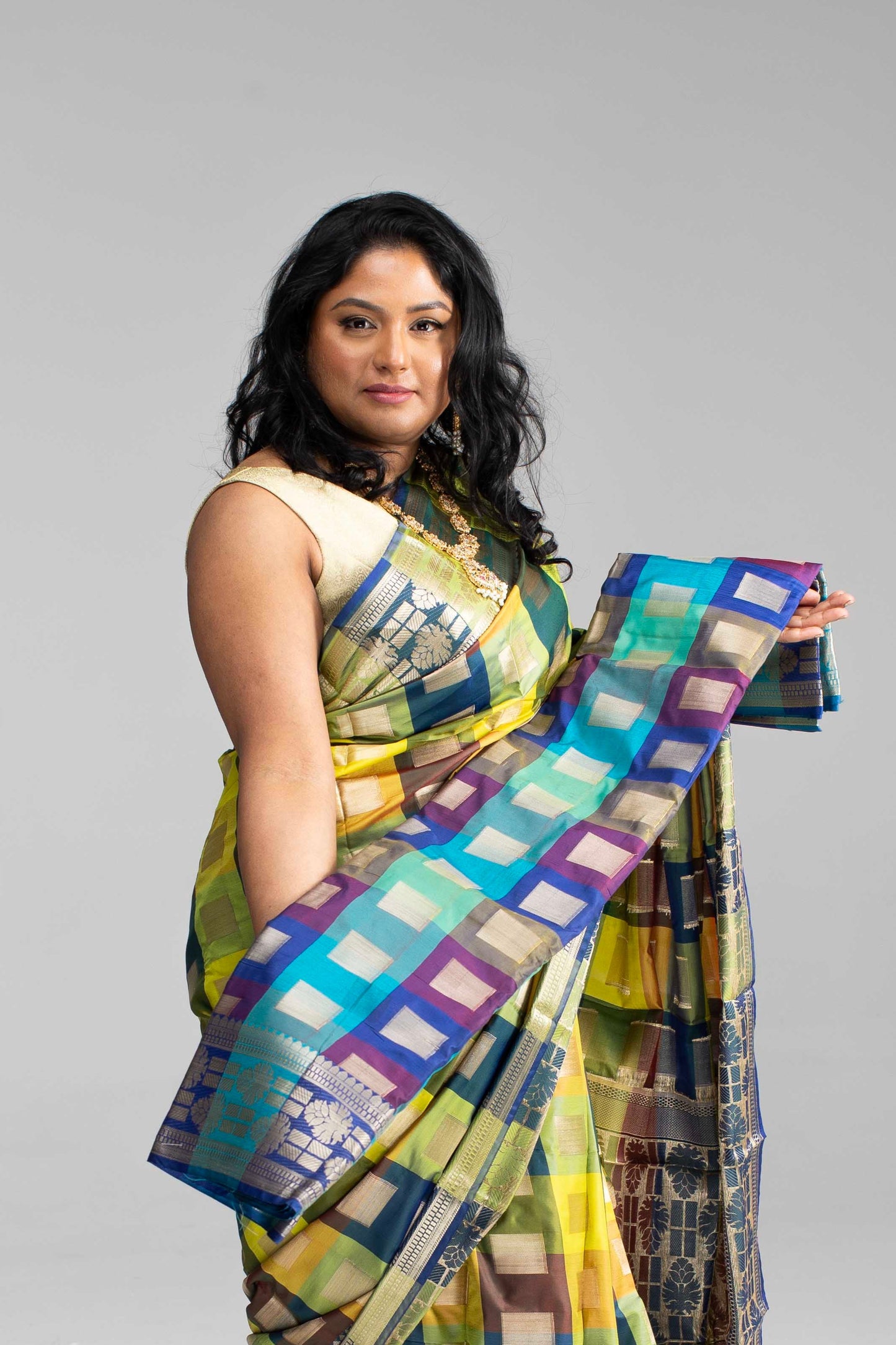 Radiant Multicoloured Chequered Silk Saree