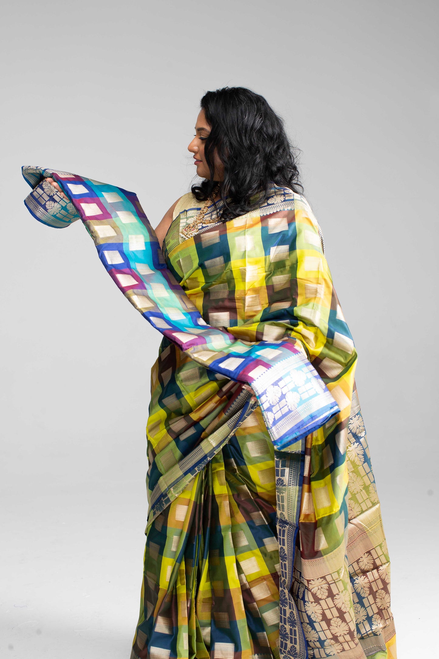 Radiant Multicoloured Chequered Silk Saree