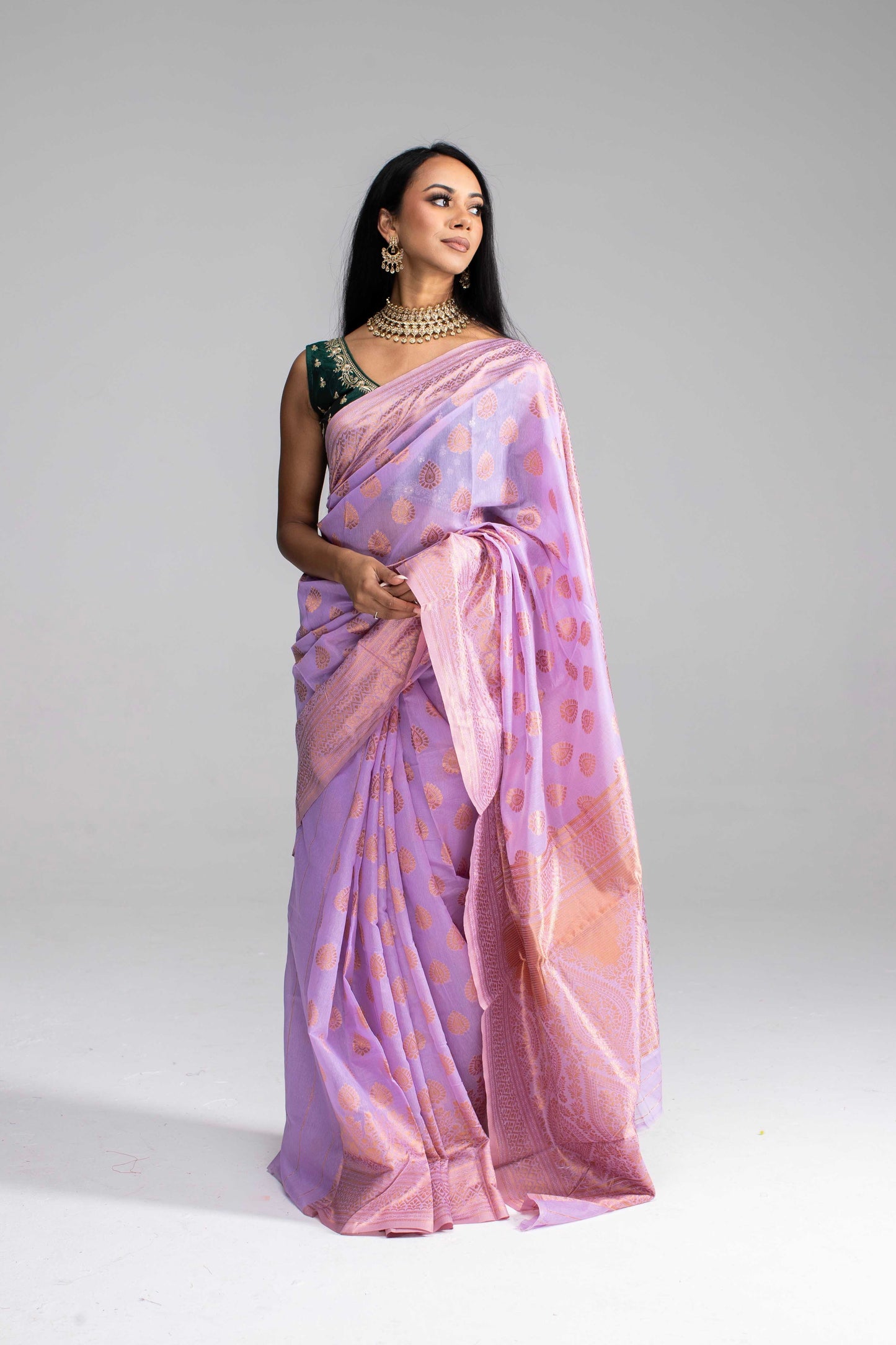 Lavender Cotton Saree with Gold Jari & Butta Work
