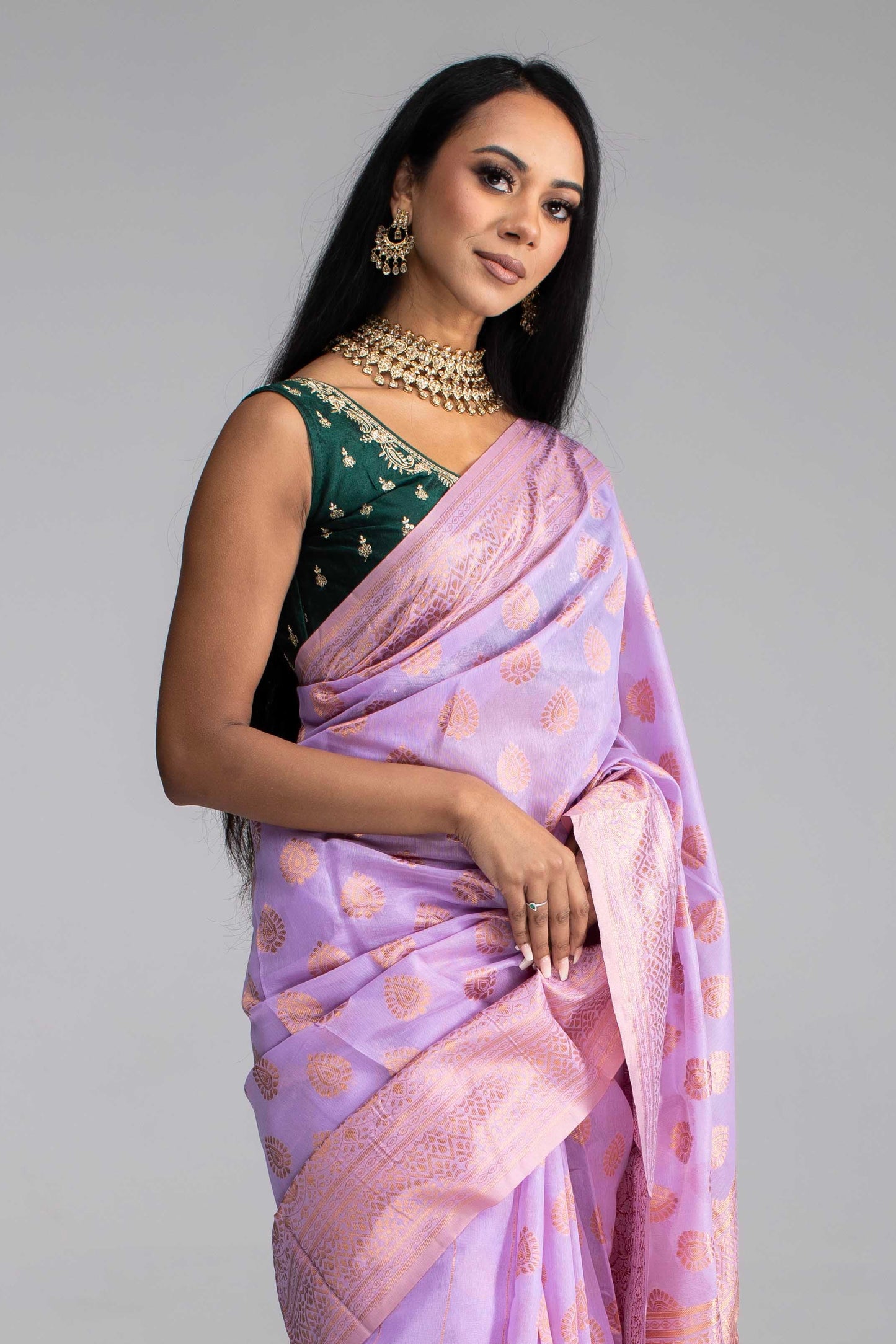 Lavender Cotton Saree with Gold Jari & Butta Work