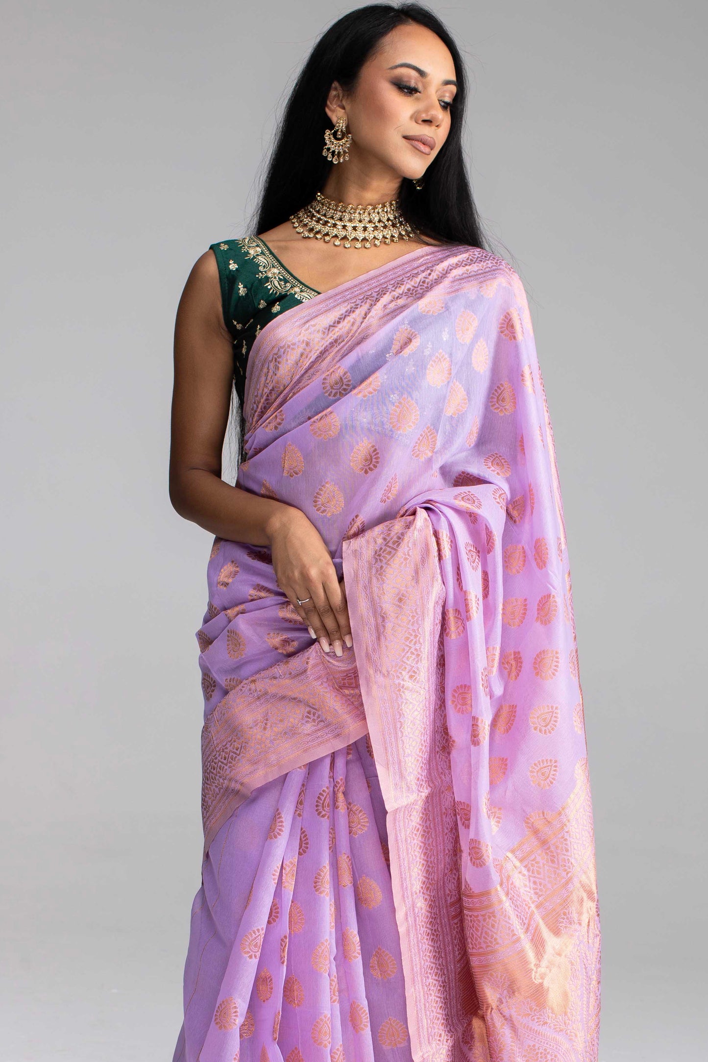 Lavender Cotton Saree with Gold Jari & Butta Work