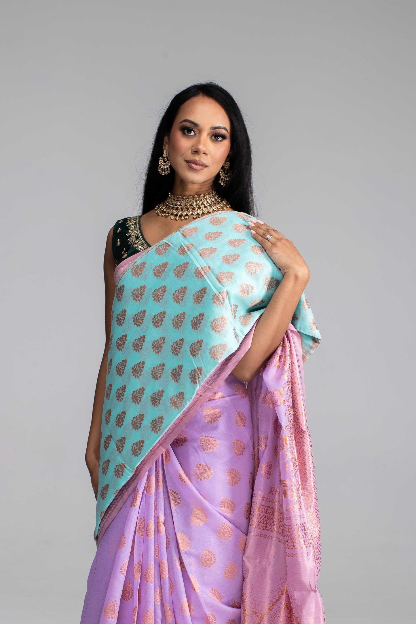 Lavender Cotton Saree with Gold Jari & Butta Work