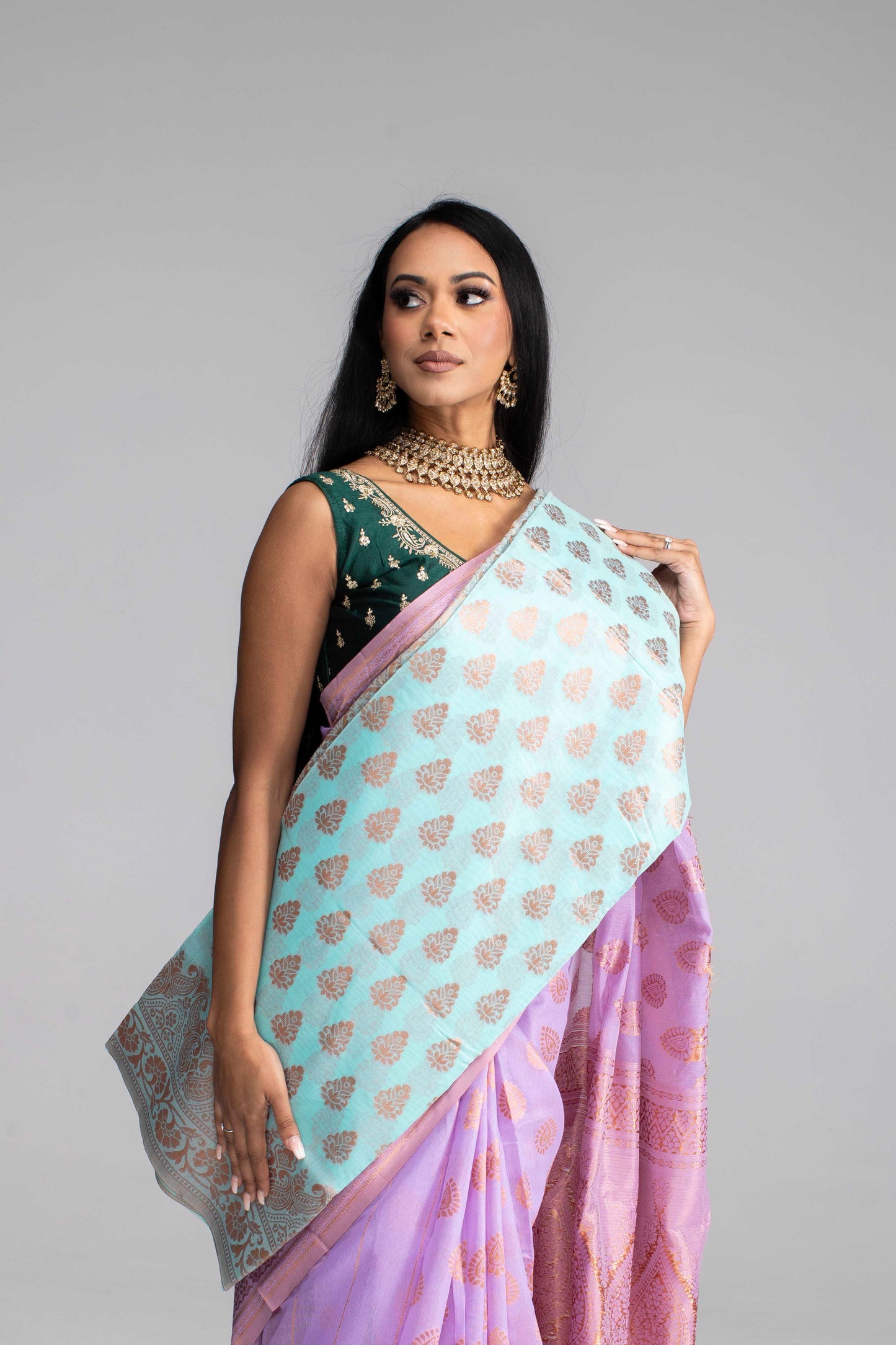 Lavender Cotton Saree with Gold Jari & Butta Work