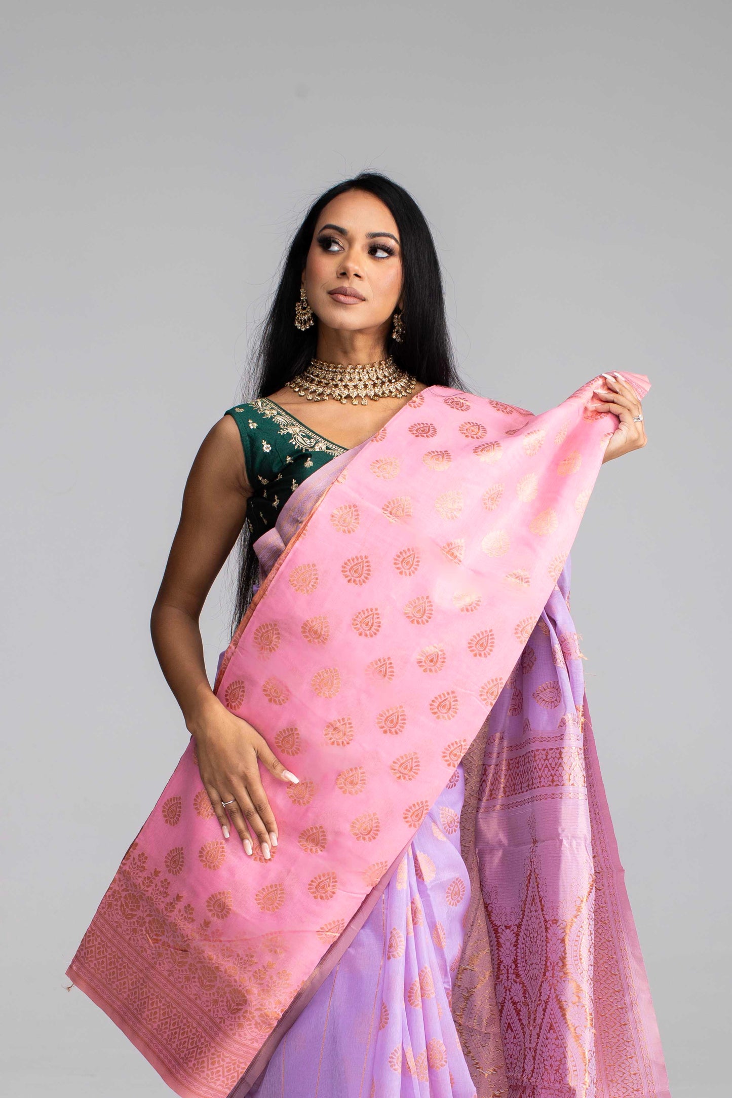 Lavender Cotton Saree with Gold Jari & Butta Work